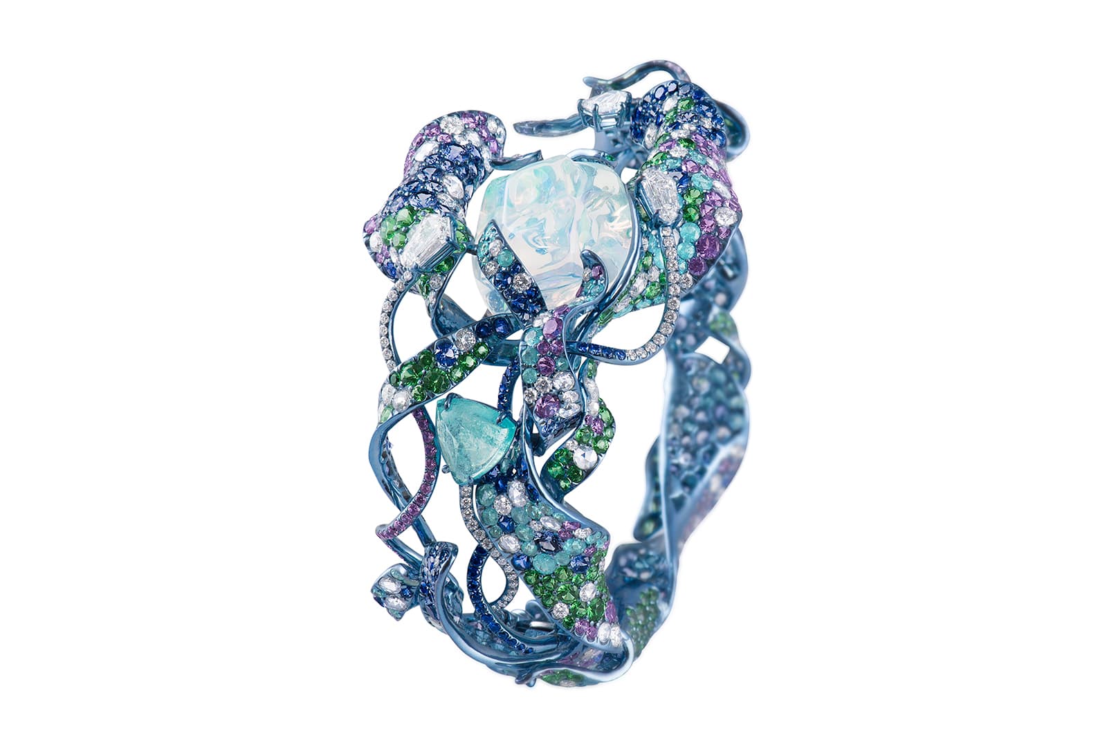  Neha Dani 'Shristi' collection 'Vruta' bracelet with water opal, diamonds, Paraiba tourmalines, blue and purple sapphires and tsavorite garnets in titanium 