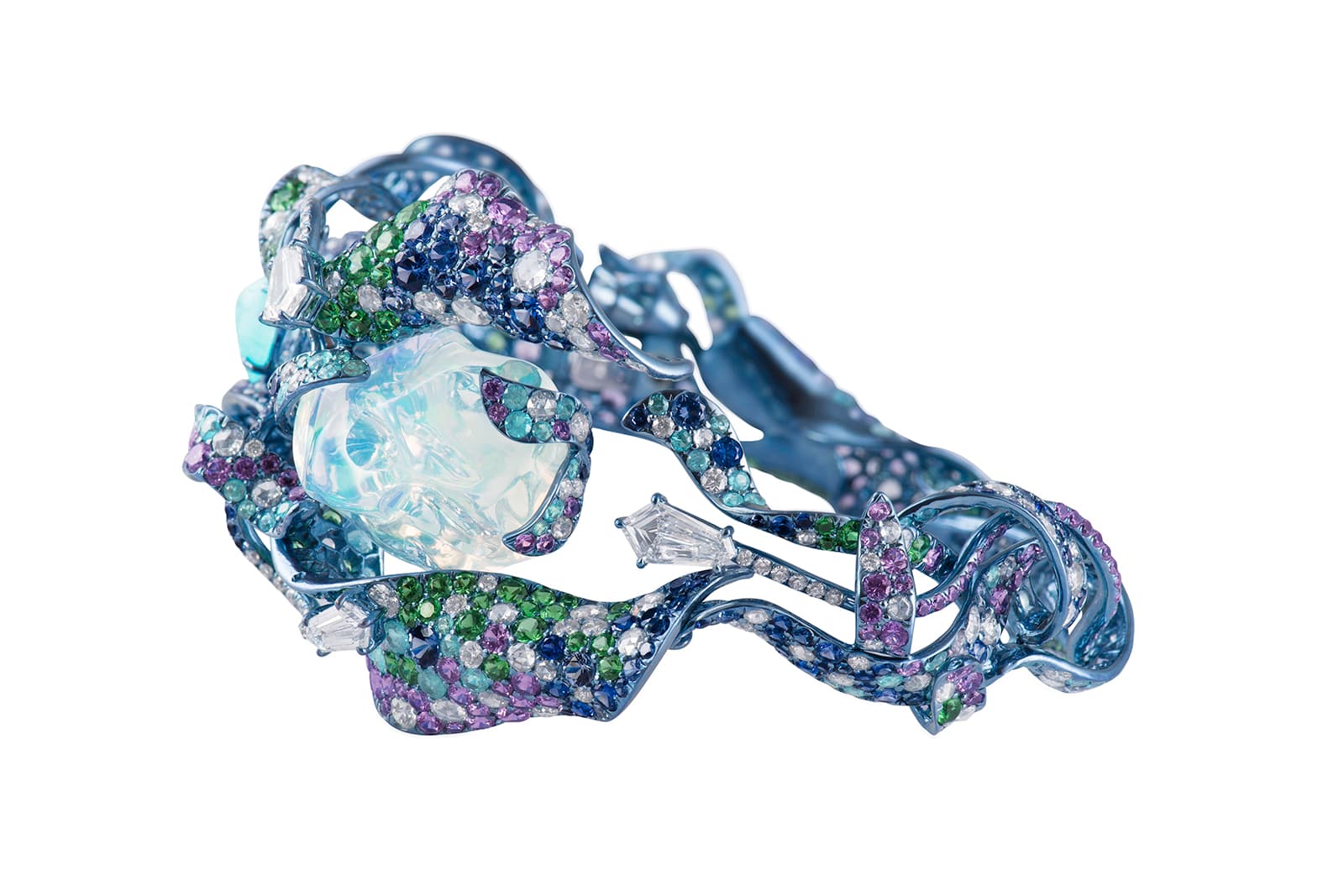  Neha Dani 'Shristi' collection 'Vruta' bracelet with water opal, diamonds, Paraiba tourmalines, blue and purple sapphires and tsavorite garnets in titanium 
