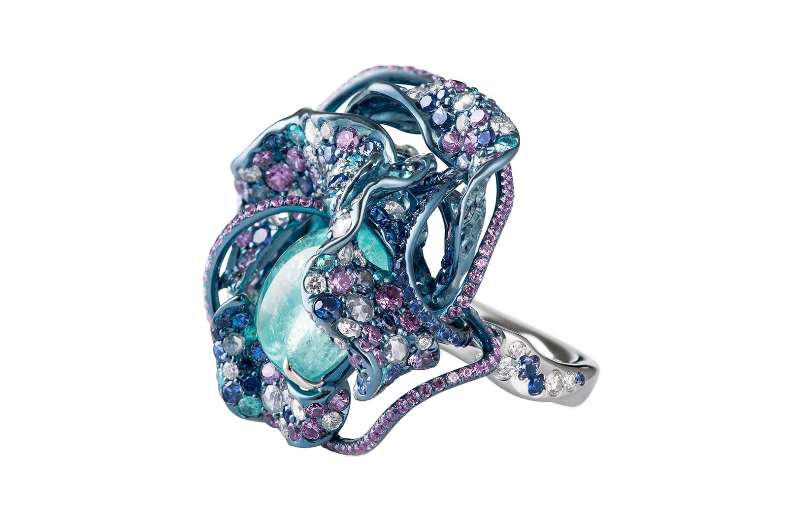  Neha Dani 'Shristi' collection 'Nuray' ring with diamonds, Paraiba tourmalines, blue and purple sapphires and tsavorite garnets in titanium 
