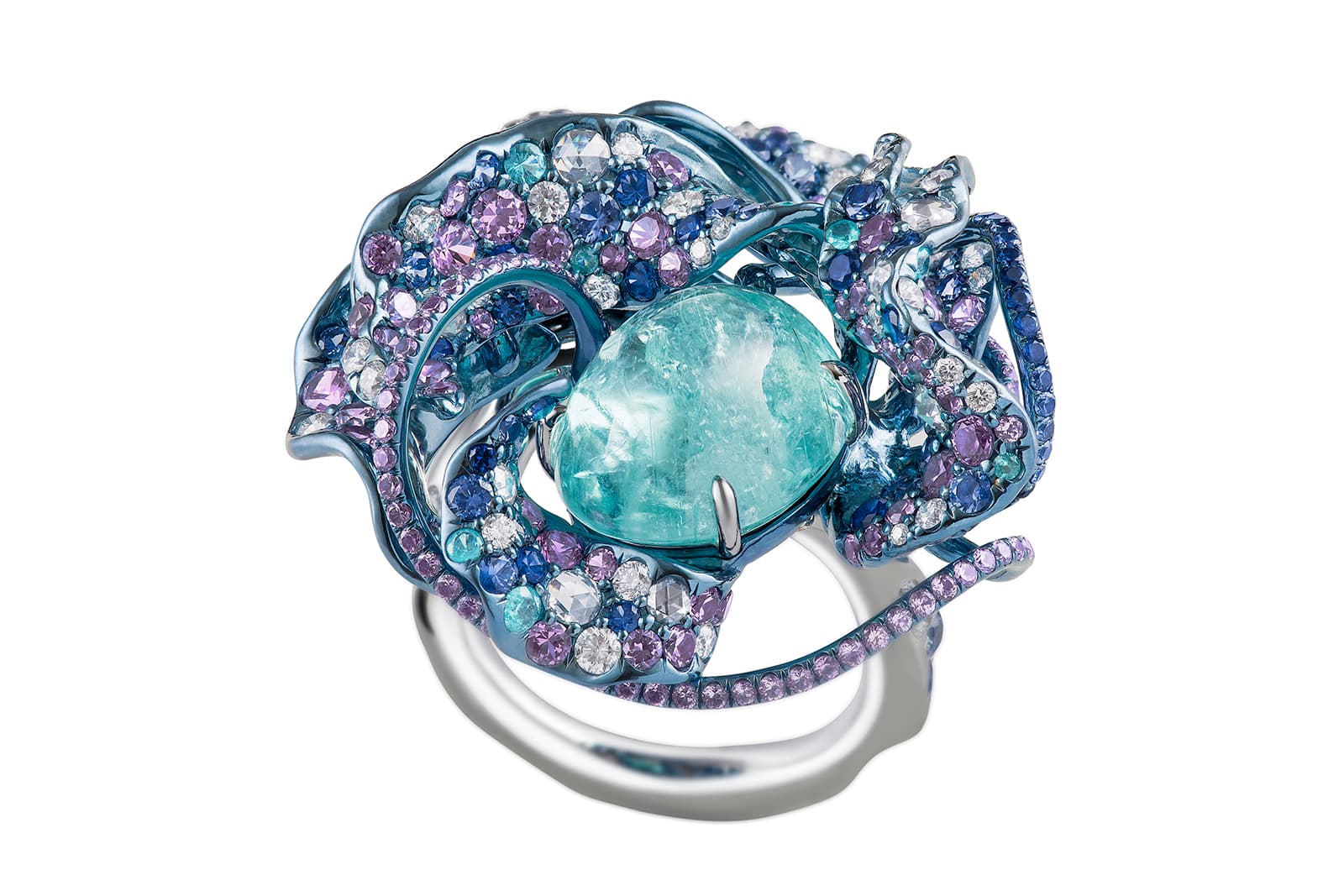Neha Dani 'Shristi' collection 'Nuray' ring with diamonds, Paraiba tourmalines, blue and purple sapphires and tsavorite garnets in titanium 