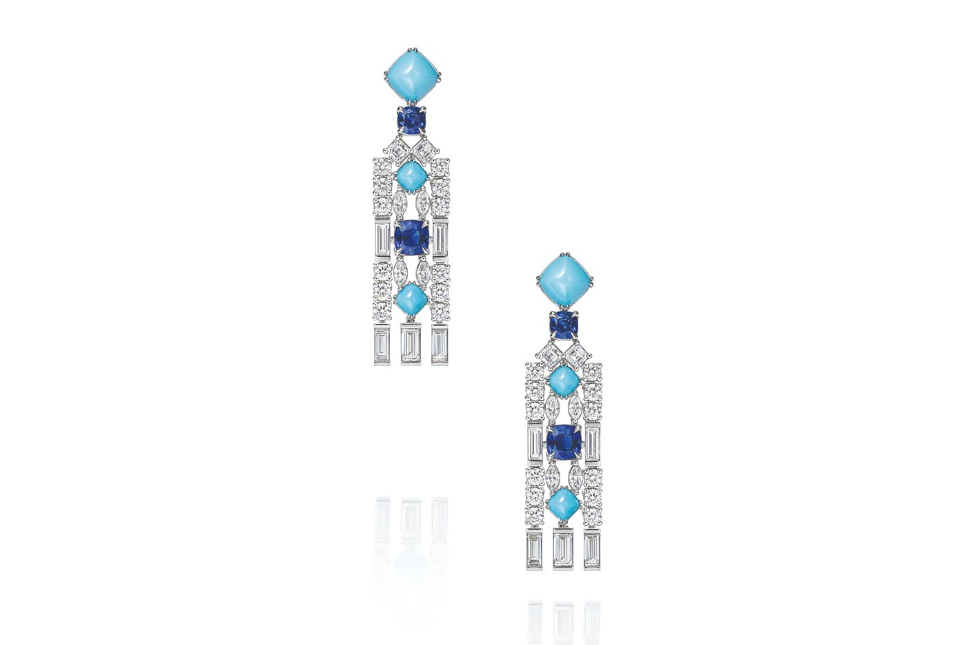  Harry Winston 'New York' collection ‘Brownstone’ earrings with diamonds, turquoise and sapphires in platinum