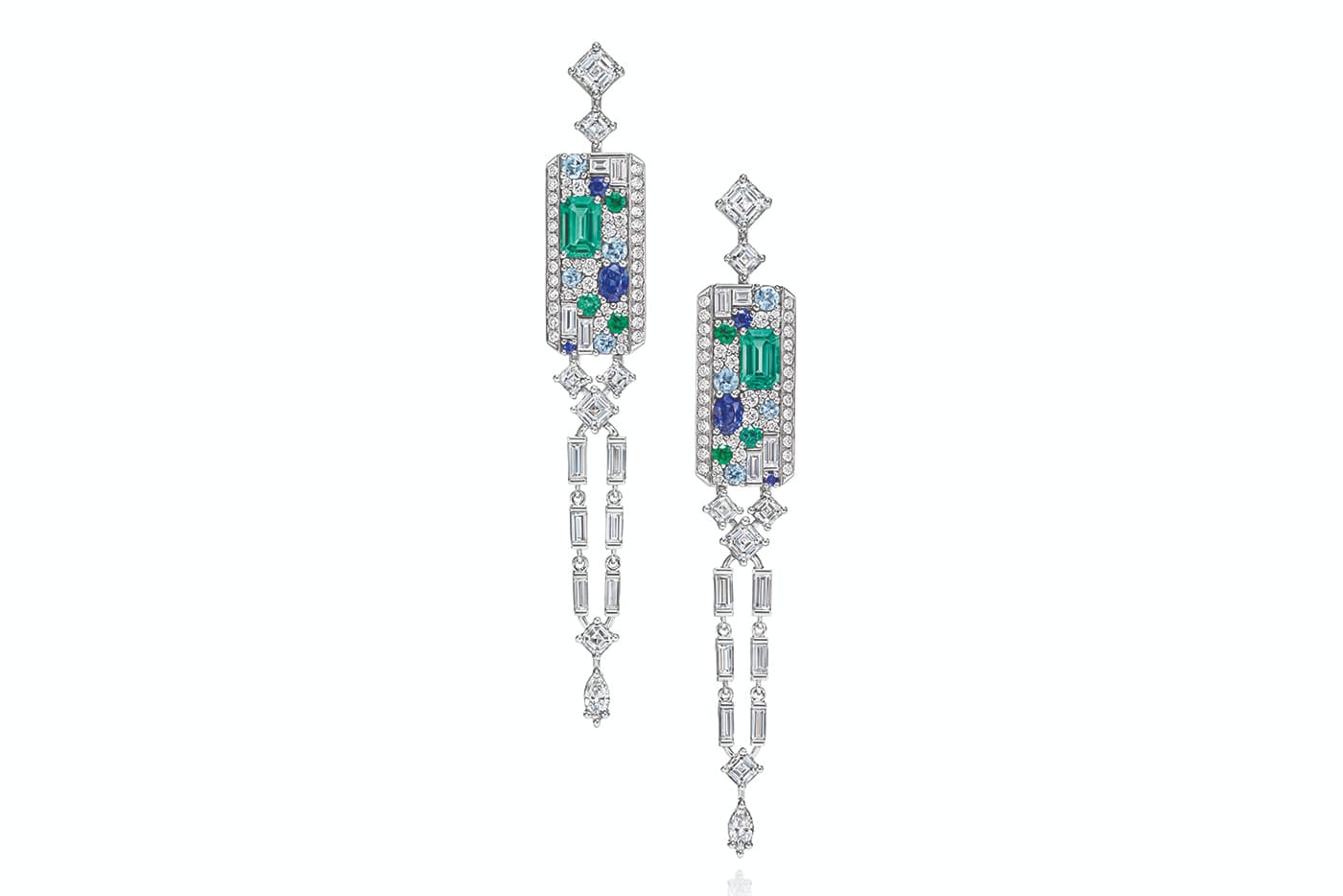Harry Winston 'New York' collection ‘Central Park Mosaic’ earrings with diamonds, emeralds, sapphires and aquamarines in platinum