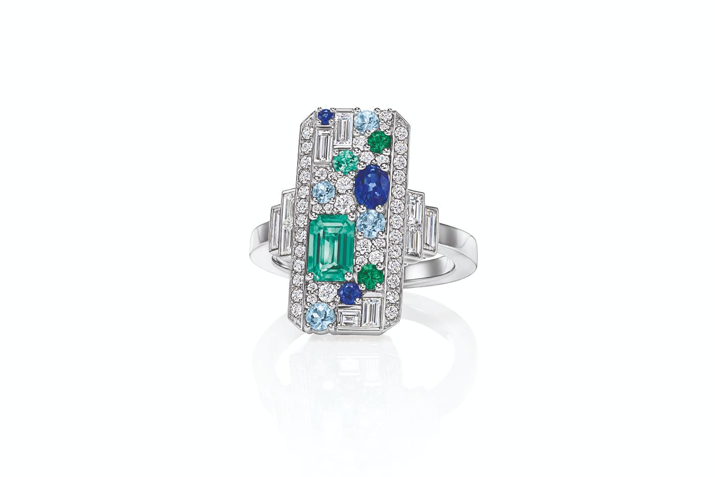  Harry Winston 'New York' collection ‘Central Park Mosaic’ ring with diamonds, emeralds, sapphires and aquamarines in platinum