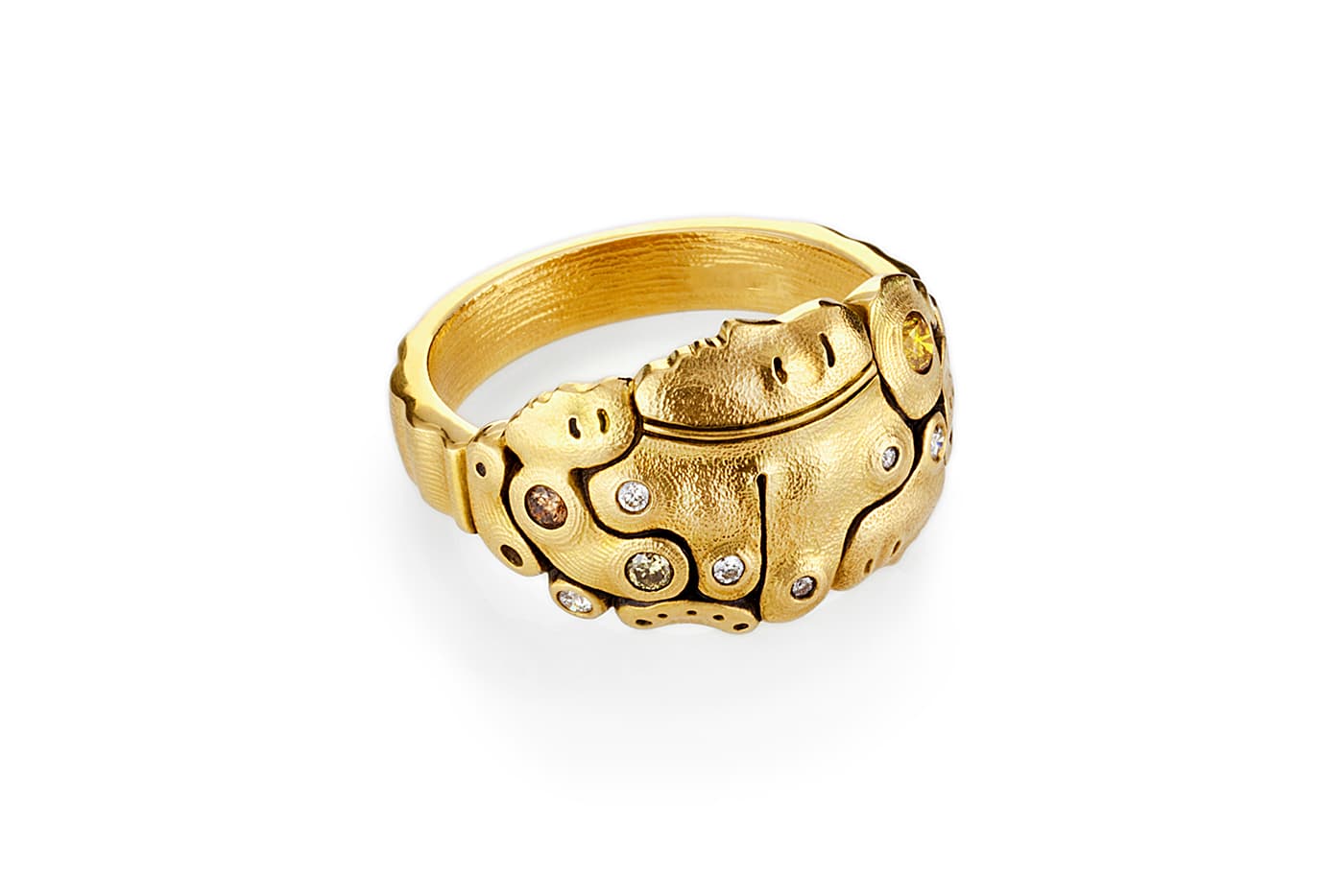  Alex Sepkus 'The Face' ring with diamonds and gemstones in yellow gold