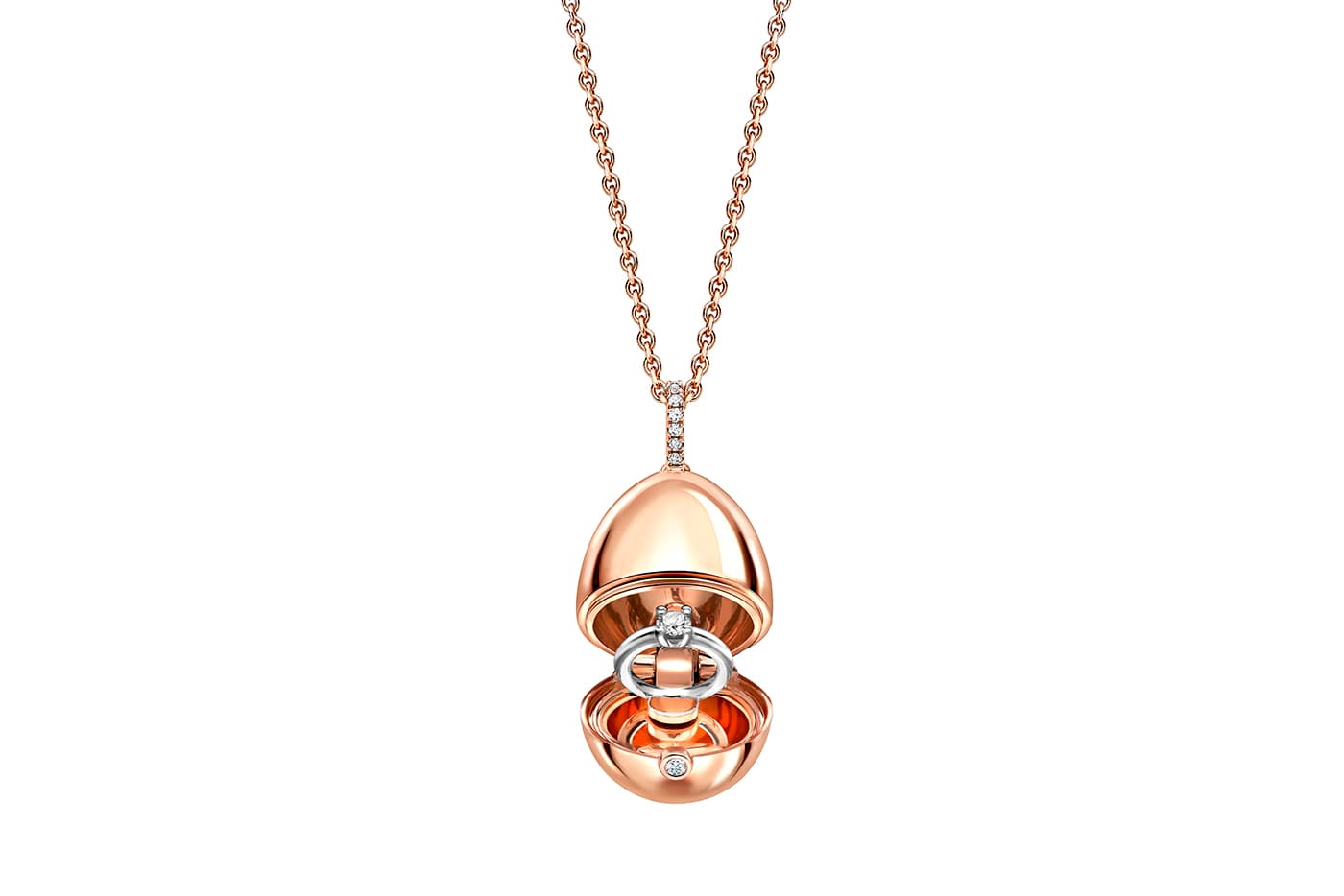 Fabergé 'Favourites’ collection egg pendant with miniature ring in diamonds, rose and white gold
