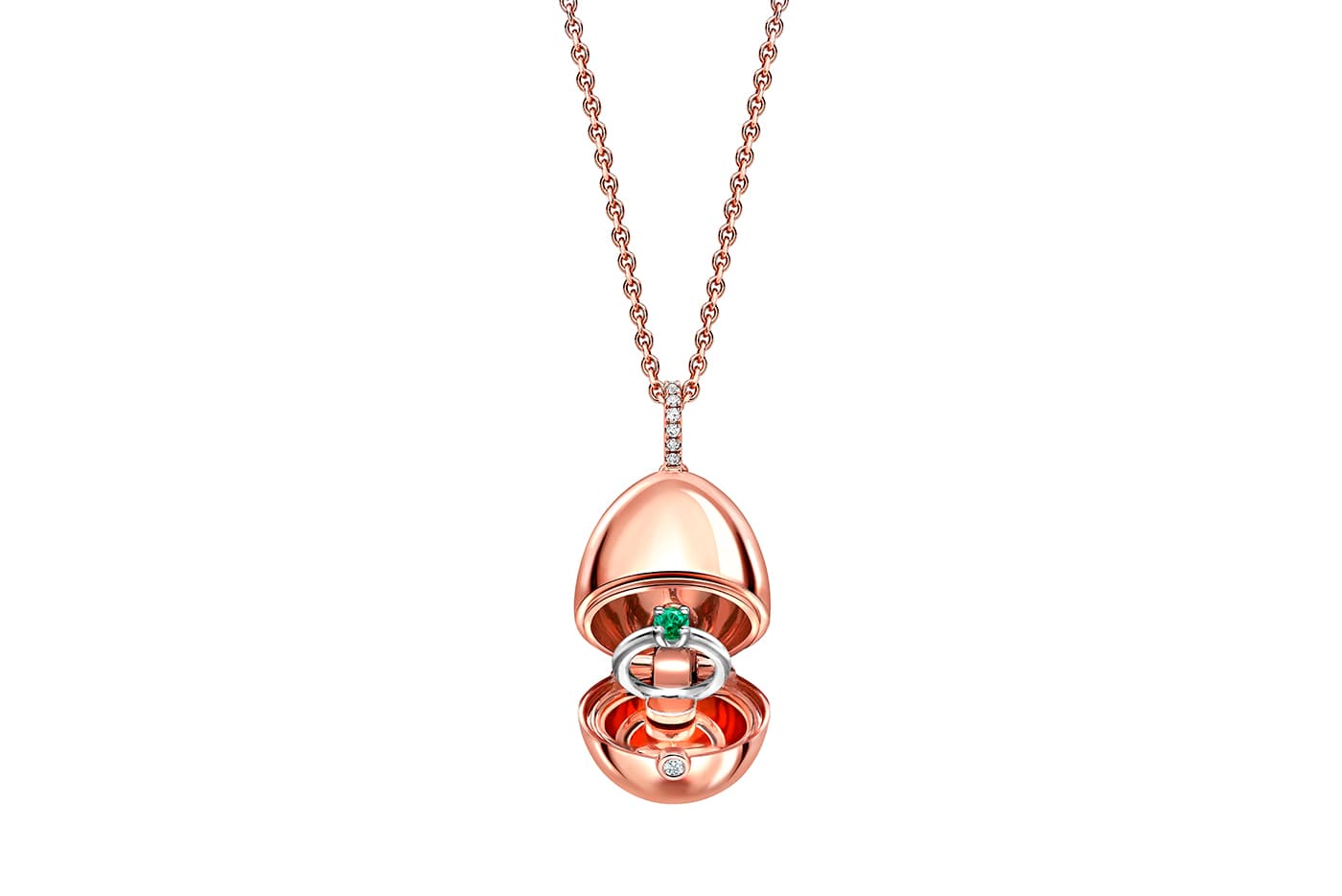  Fabergé 'Favourites’ collection egg pendant with miniature ring in diamonds, emerald, rose and white gold