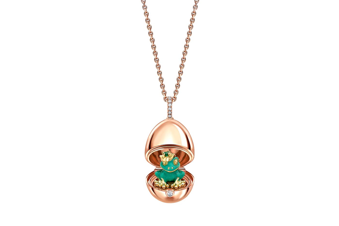  Fabergé 'Favourites’ collection egg pendant with frog in diamonds, enamel, rose and yellow gold