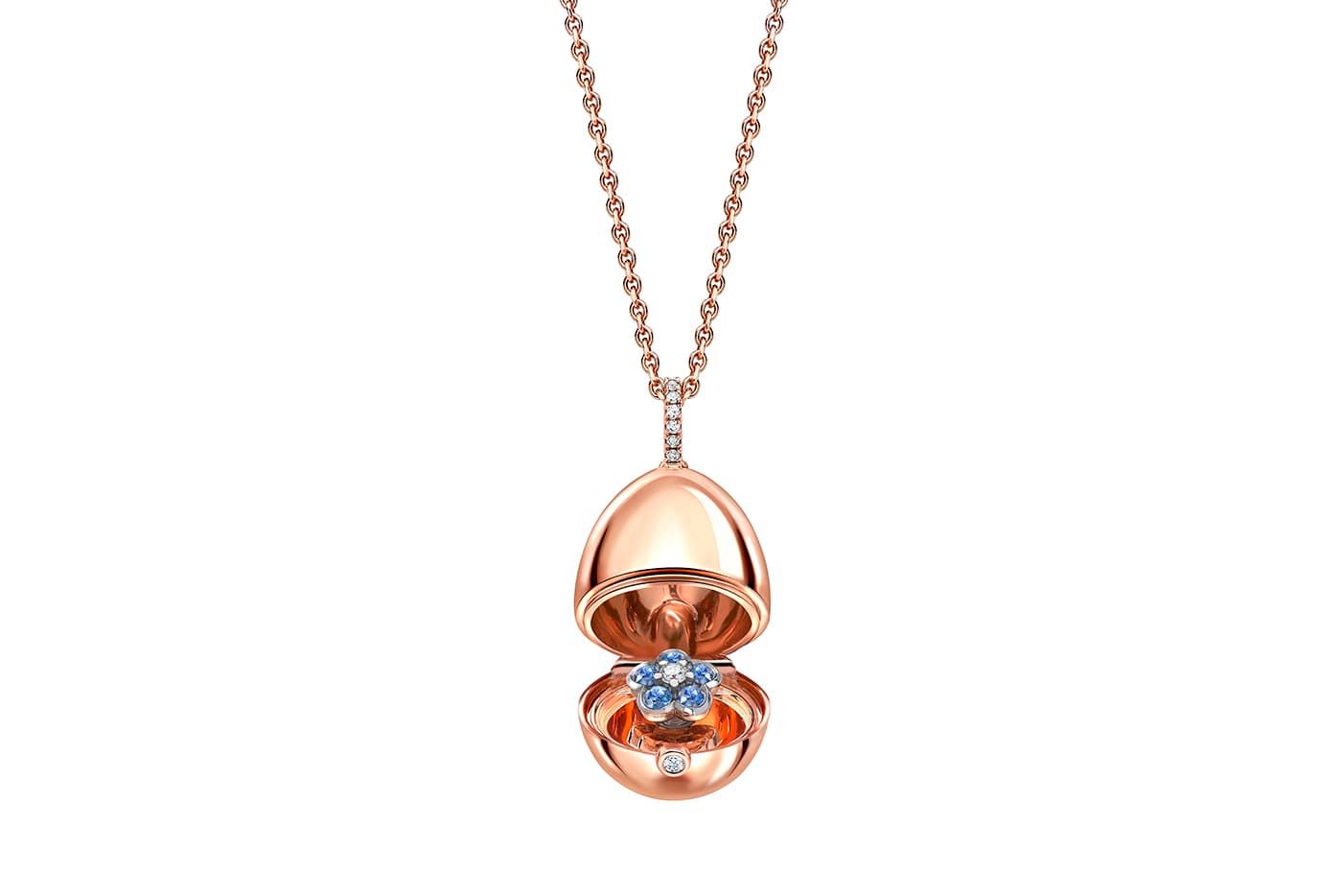  Fabergé 'Favourites’ collection egg pendant with flower in diamonds, sapphires, rose and white gold