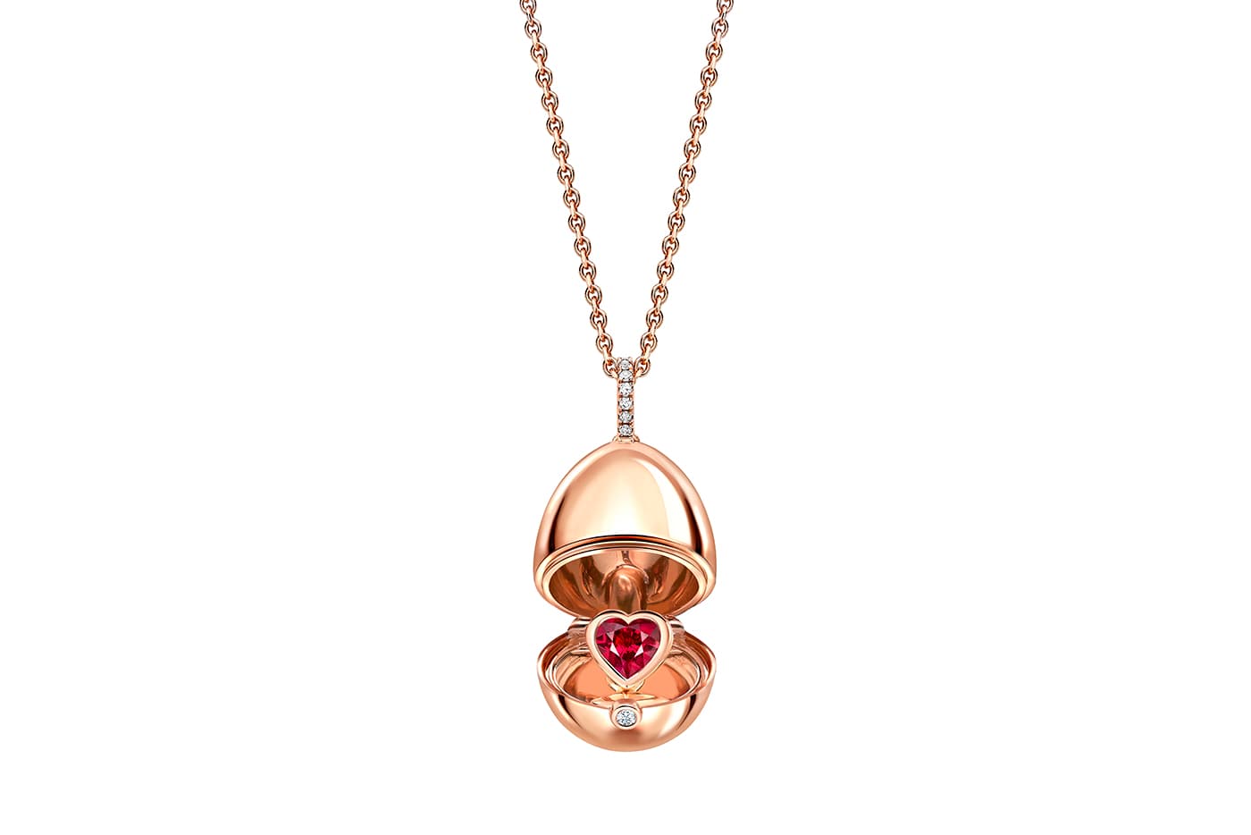  Fabergé 'Favourites’ collection egg pendant with heart in diamonds, ruby and rose gold