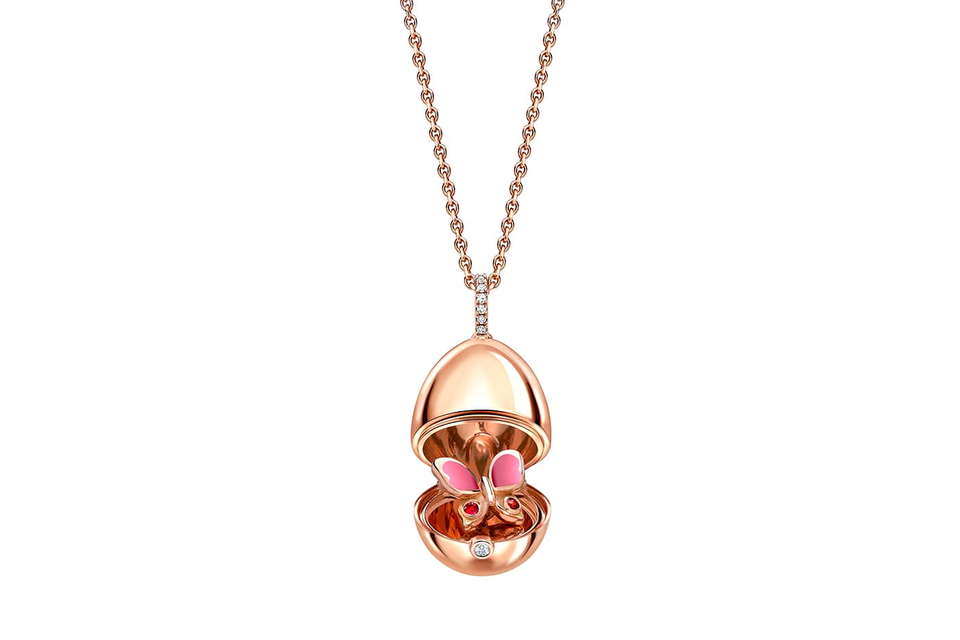  Fabergé 'Favourites’ collection egg pendant with butterfly in diamonds, enamel and ruby in rose  gold