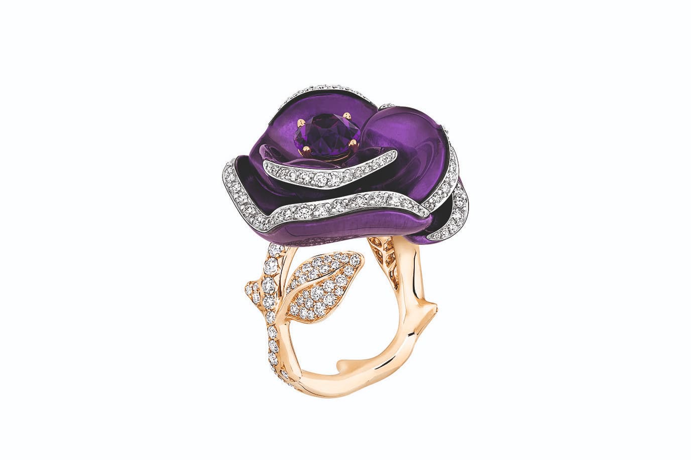  Dior ‘Rose Dior Pop’ ring with amethyst, diamonds and lacquer in yellow gold