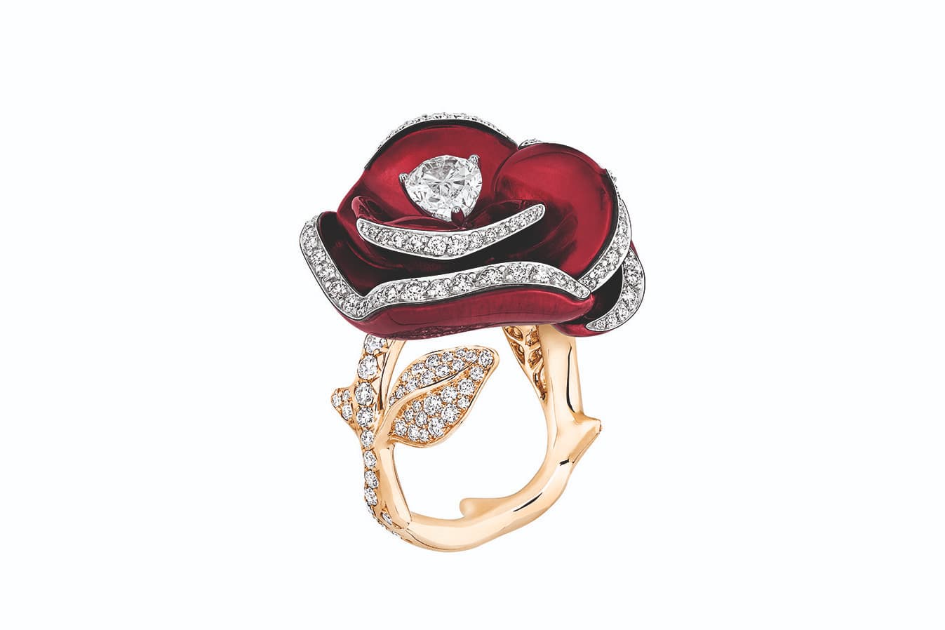  Dior ‘Rose Dior Pop’ ring with diamonds and lacquer in yellow gold
