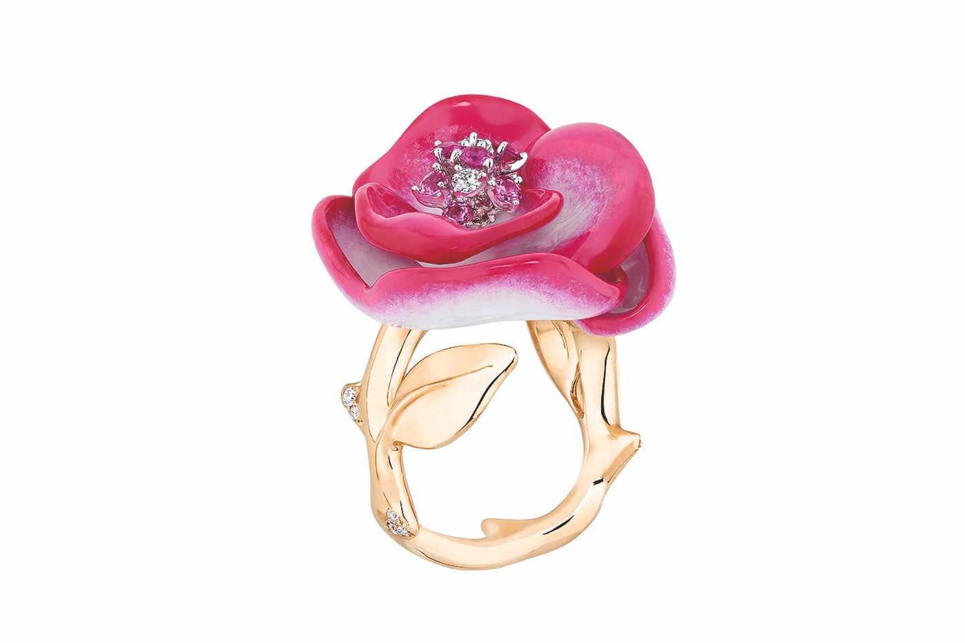 Dior ‘Rose Dior Pop’ ring with pink sapphires, diamonds and lacquer in yellow gold