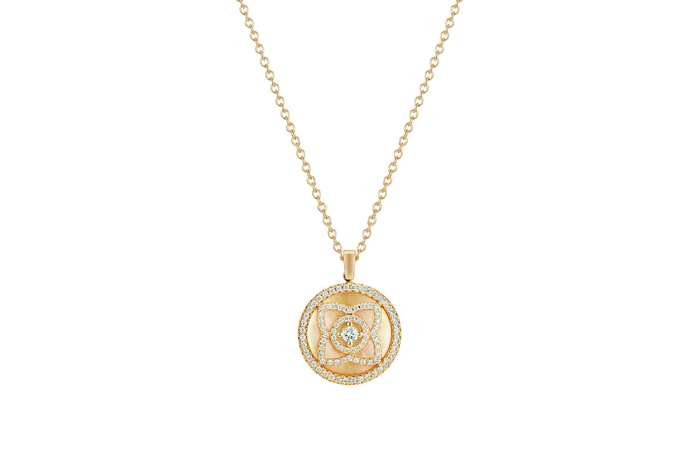  De Beers ‘Enchanted Lotus’ pendant with mother of pearl and diamonds in yellow gold