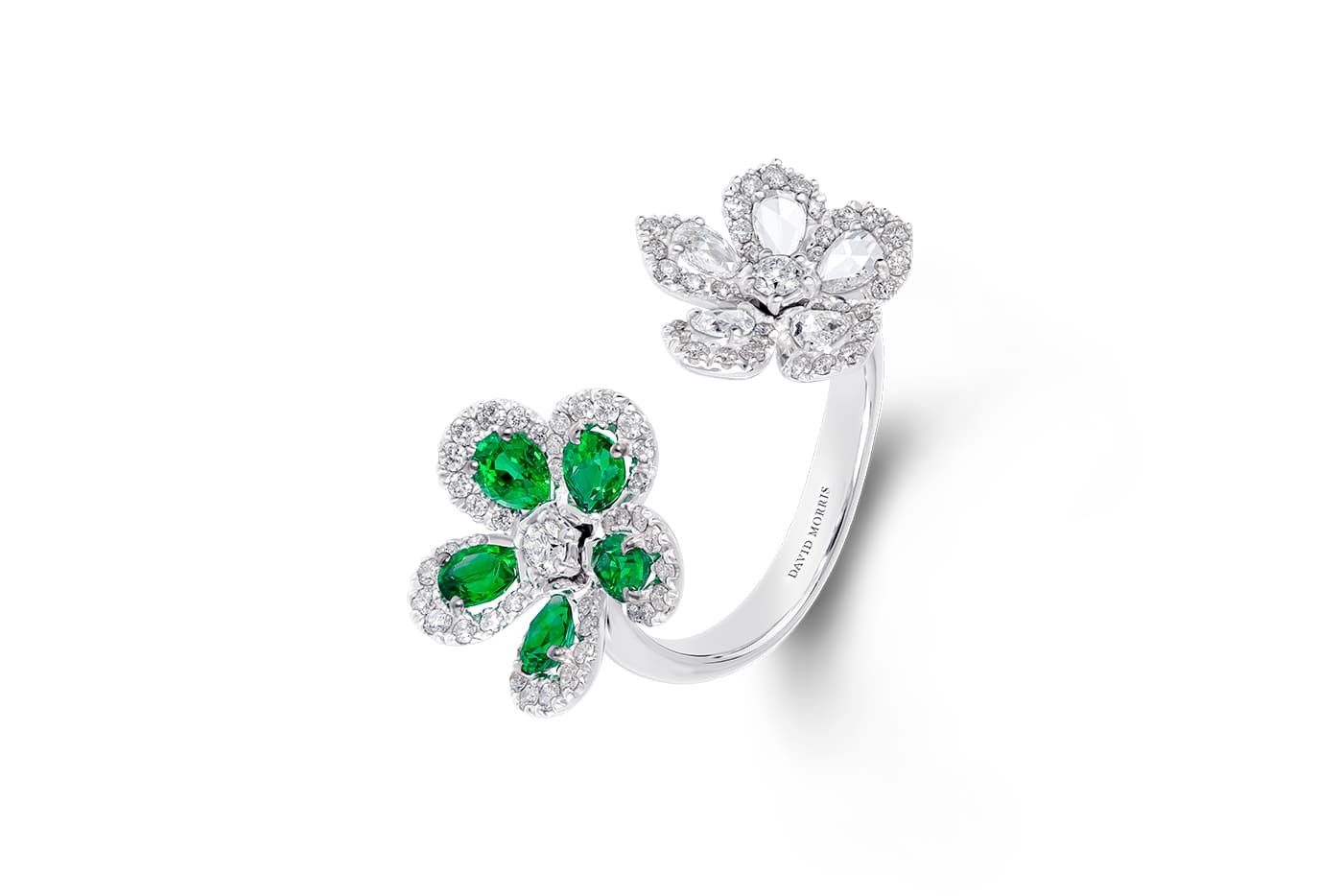 David Morris ‘Miss Daisy’ open ring with emeralds and diamonds in white gold