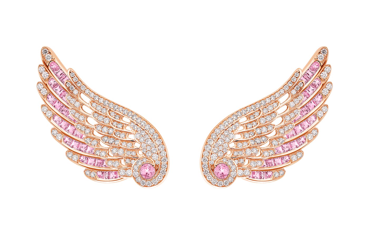 House of Garrard 'Wings Embrace' earrings with diamonds and pink sapphires in rose gold