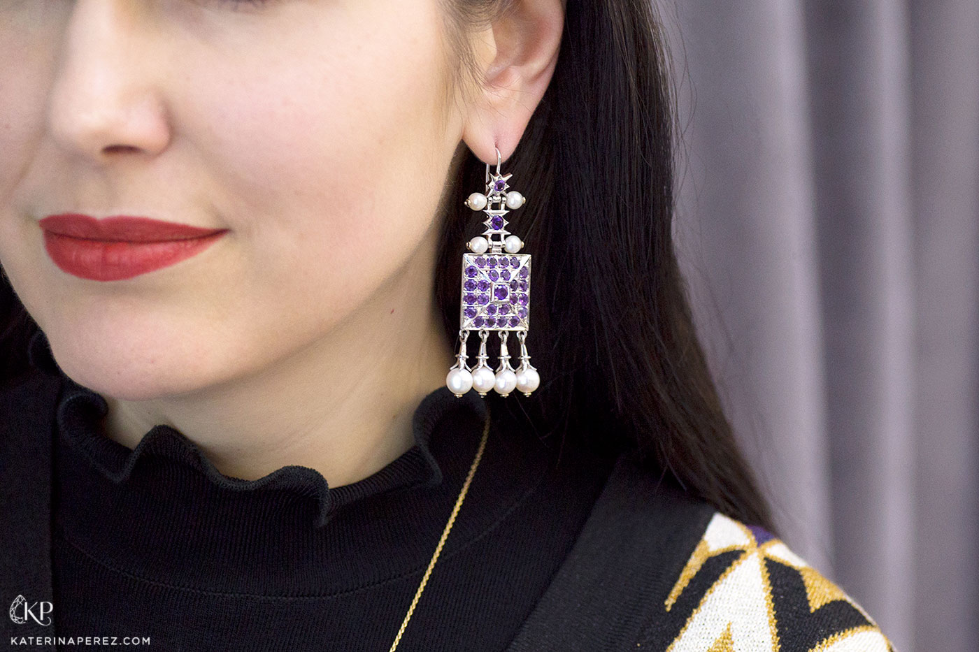  Tres Russe earrings with amethysts, diamonds and pearls