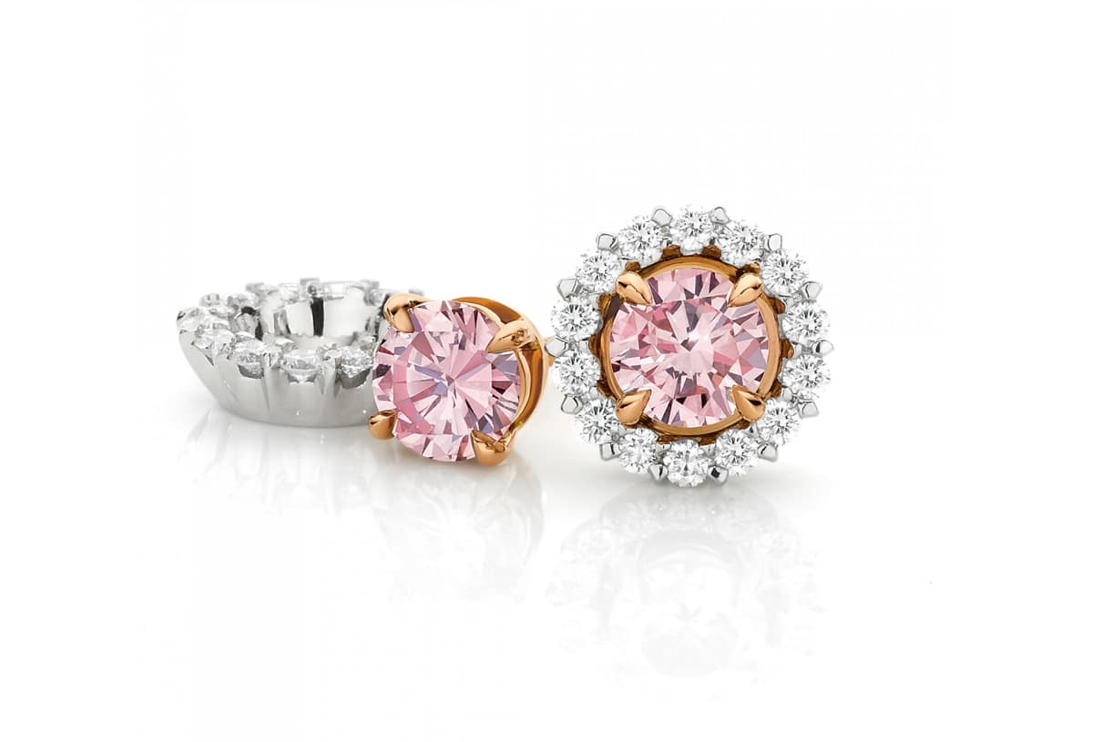 Calleija Argyle pink diamond stud earrings with diamond jackets in white and yellow gold