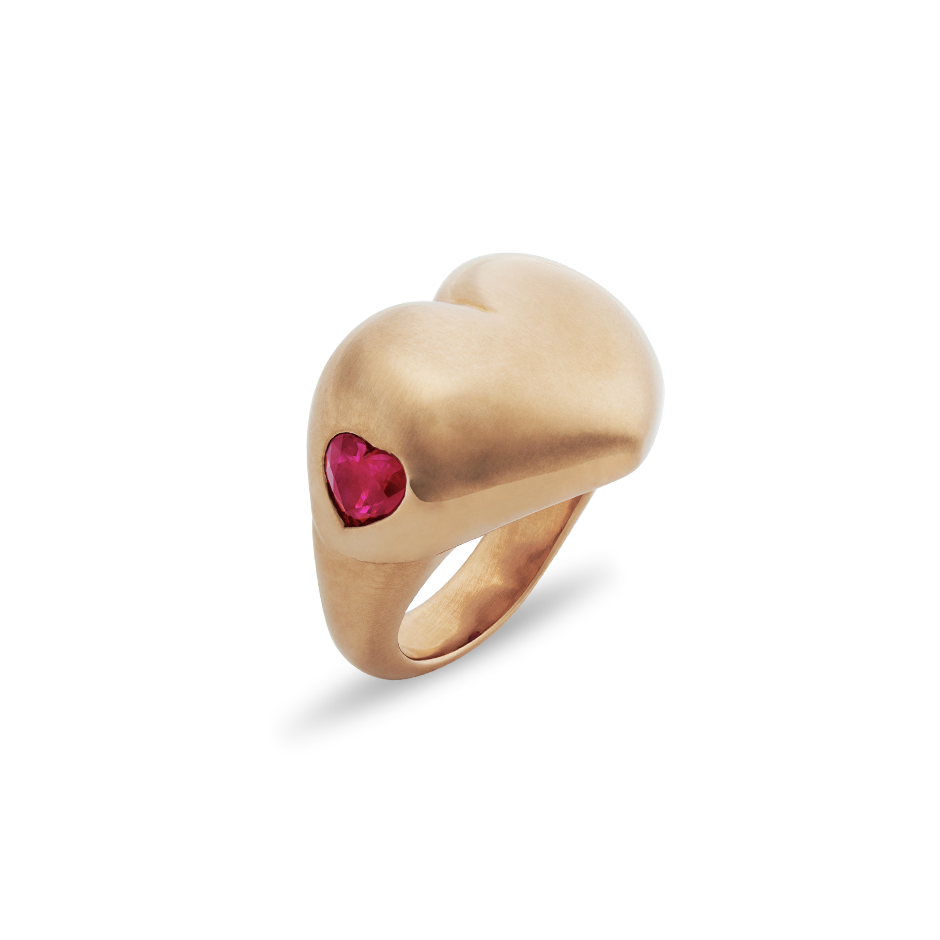 Solange Azagury-Partridge 'Love Heart' ring with heart shaped pavé set rubies in rose gold