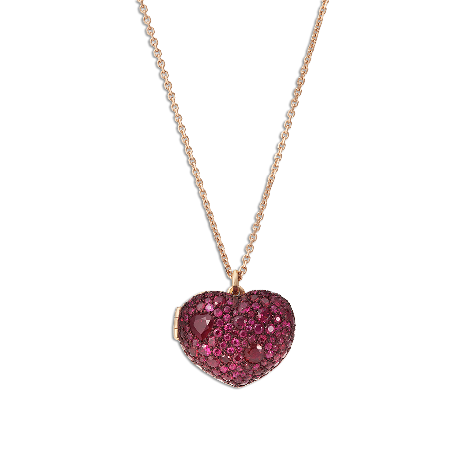  Solange Azagury-Partridge 'Love Lock' pendant with rubies, ceramic plate, and sapphire glass locket in rose gold