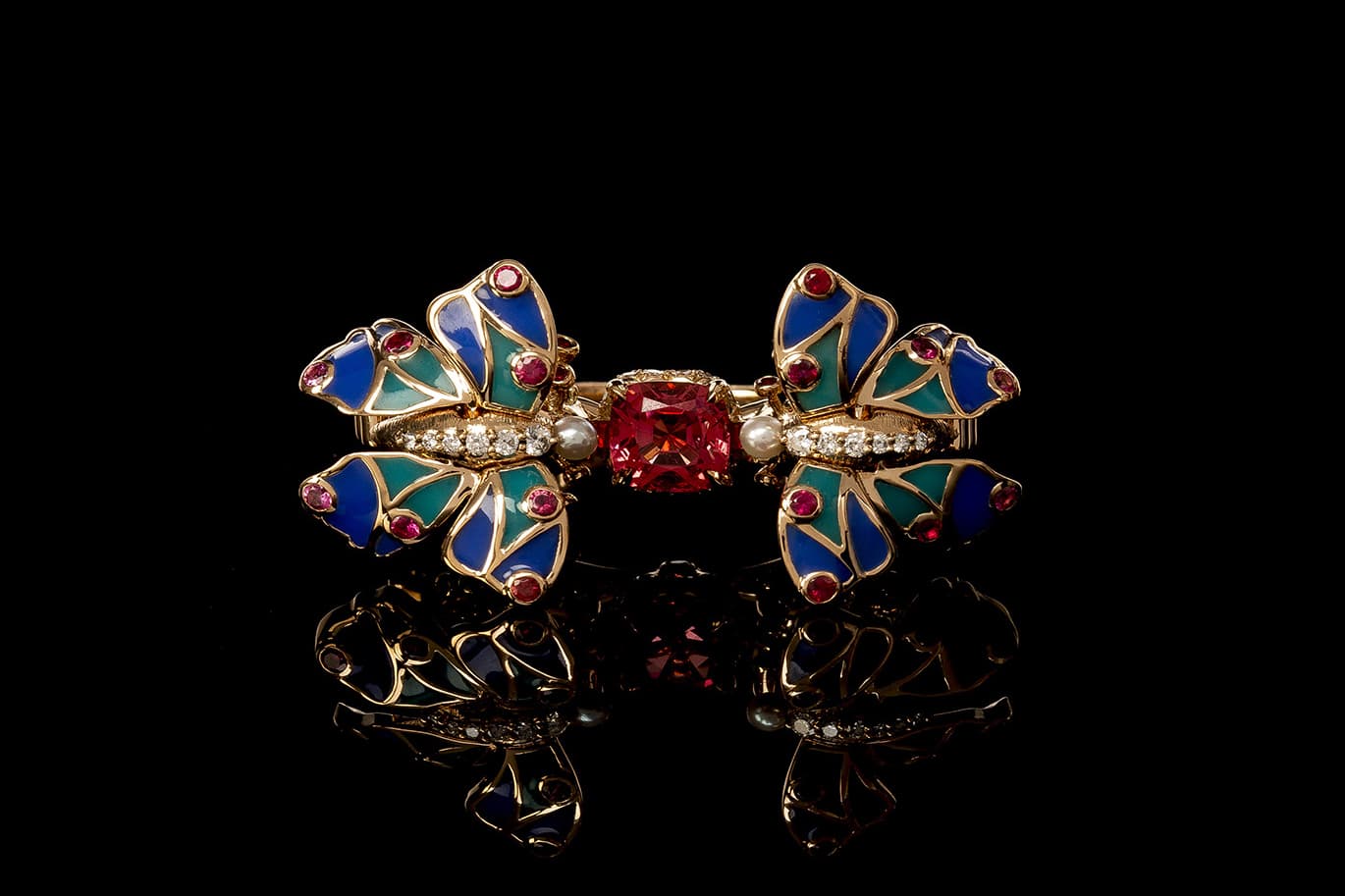 Aude Mathon x Émeline Piot ‘Unique’ collection 'Nkùma' ring with tourmaline, emeralds, spinels, garnets, sapphires, diamonds, pearls and enamel in yellow gold