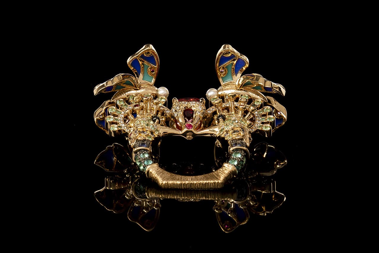  Aude Mathon x Émeline Piot ‘Unique’ collection 'Nkùma' ring with tourmaline, emeralds, spinels, garnets, sapphires, diamonds, pearls and enamel in yellow gold