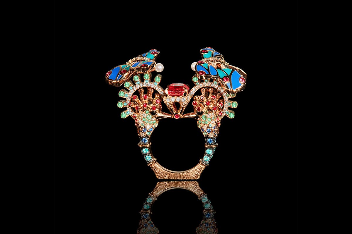  Aude Mathon x Émeline Piot ‘Unique’ collection 'Nkùma' ring with tourmaline, emeralds, spinels, garnets, sapphires, diamonds, pearls and enamel in yellow gold