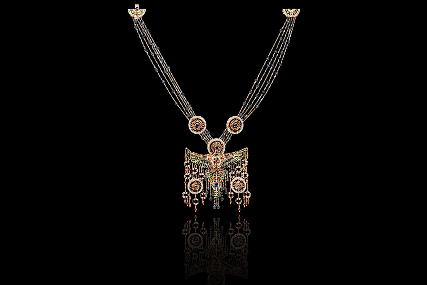 Aude Mathon x Émeline Piot ‘Unique’ collection ‘Anqa’ necklace with amethysts, moonstones, emeralds, black and red spinels, spessartines and diamonds in rose gold
