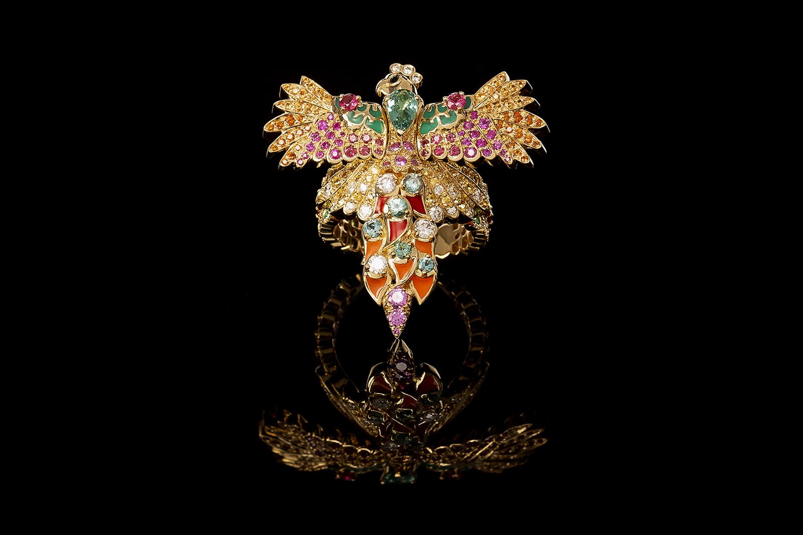 Aude Mathon x Émeline Piot ‘Unique’ collection 'Ara' ring with spessartine garnets, sapphires, diamonds, Paraiba tourmaline, black spinel and enamel in yellow gold 