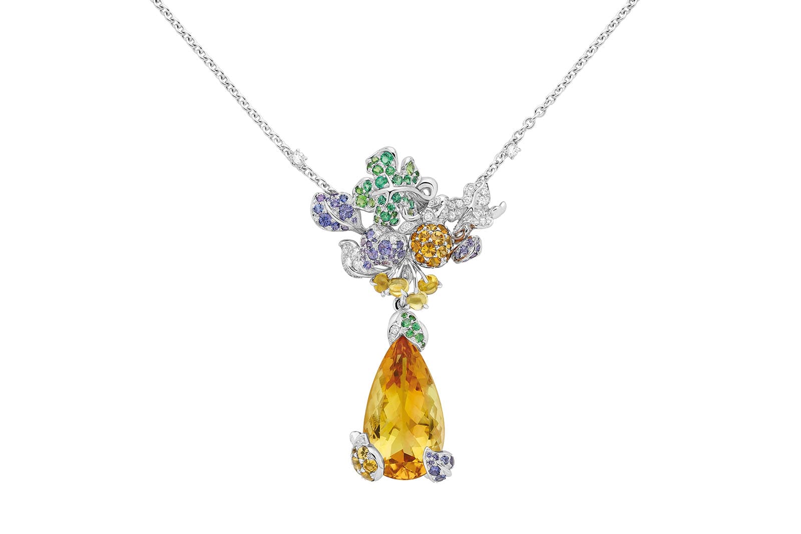  Dior Fine Jewellery ‘Incroyables et Merveilleuses Fruits’ pendant in white gold with diamonds, citrine, yellow sapphires, purple sapphires, spessarite garnets, emeralds and tsavorite garnets