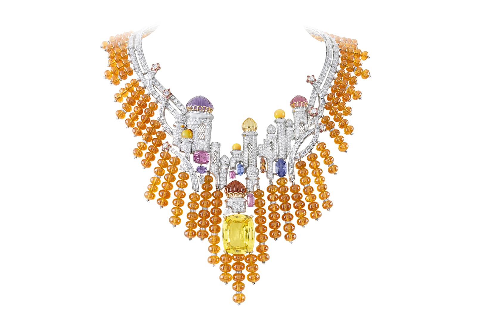 Van Cleef & Arpels ‘Izmir’ necklace from the ‘Bals de Légende’ collection with 50.79ct yellow sapphire, citrines, diamonds, mandarin garnet and opal beads, amethysts, rubellites, pink and purple spinels and topaz in white and rose gold