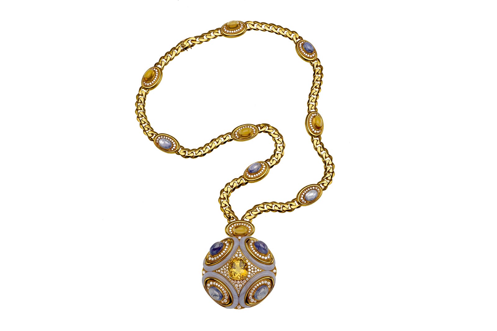  Bulgari medallion with citrine, chalcedony, sapphires and diamonds in yellow gold