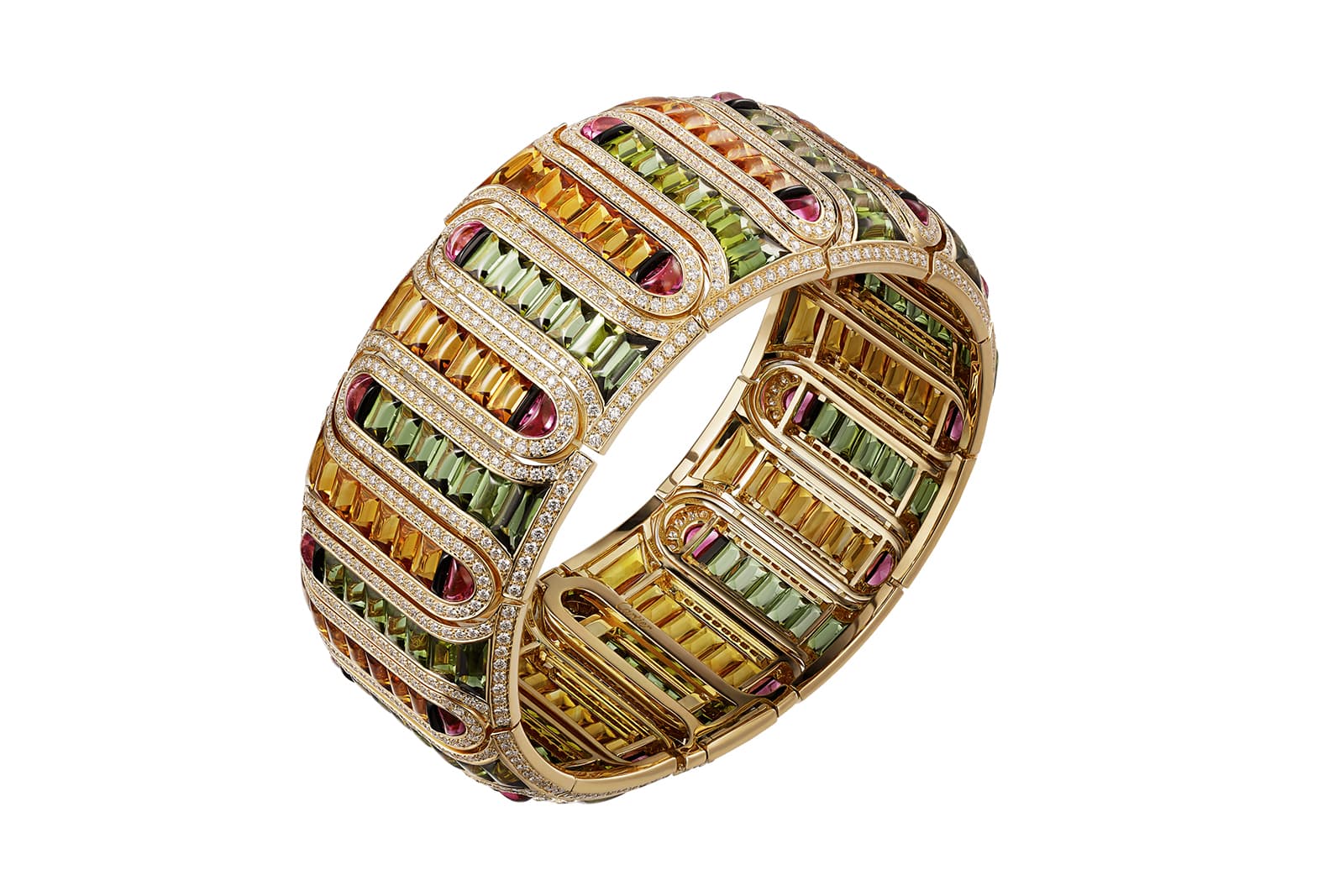  Cartier bracelet with citrine, rubellite, diamonds, onyx and green amethyst in yellow gold