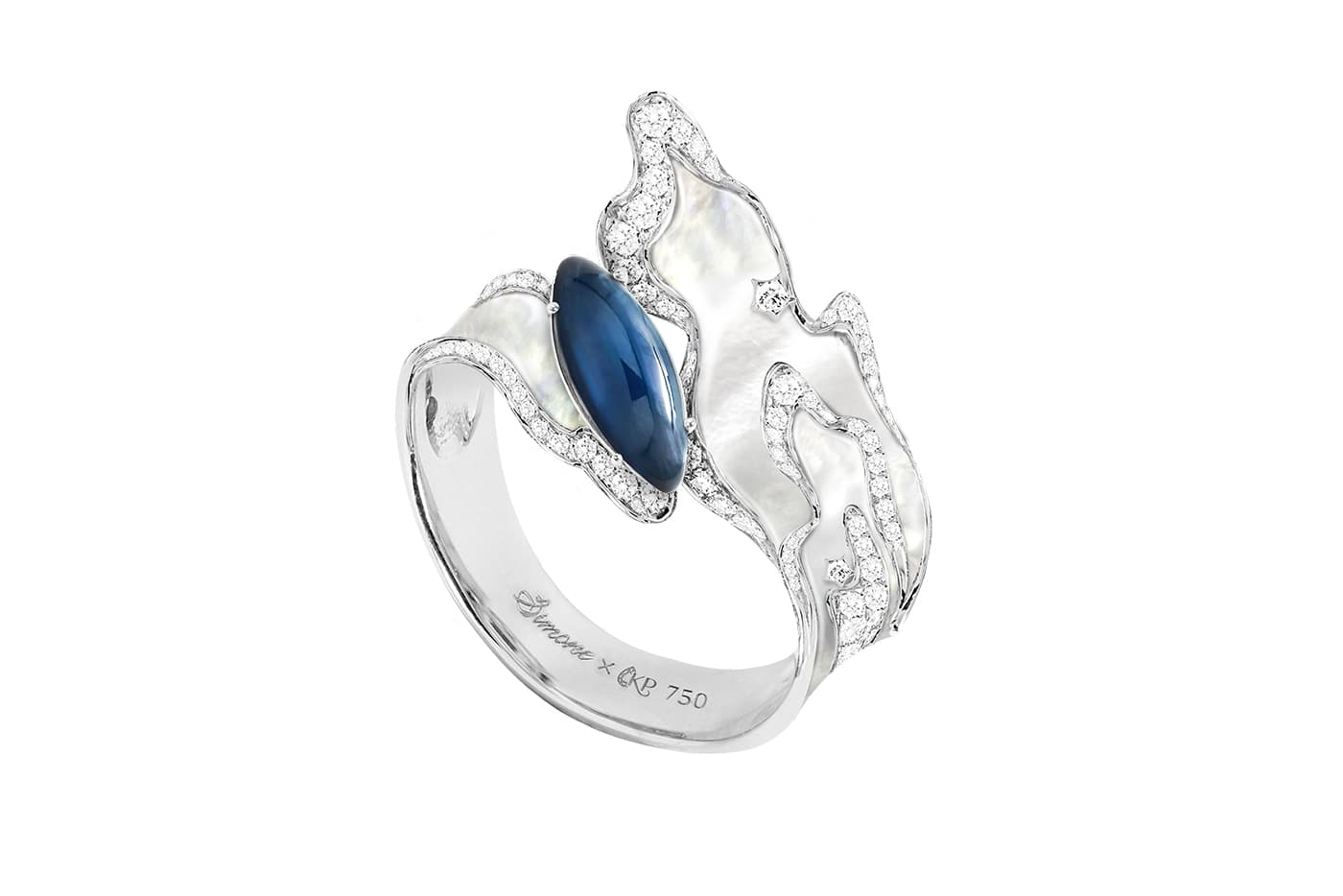 Simone Jewels x Katerina Perez jewellery collaboration ring with sapphires, mother of pearl and diamonds in recycled white gold