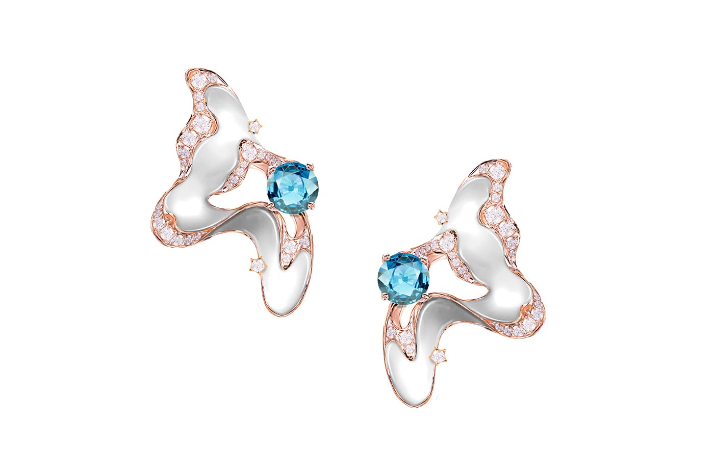 Simone Jewels x Katerina Perez jewellery collaboration earrings with aquamarine, mother of pearl and diamonds in recycled white and rose gold