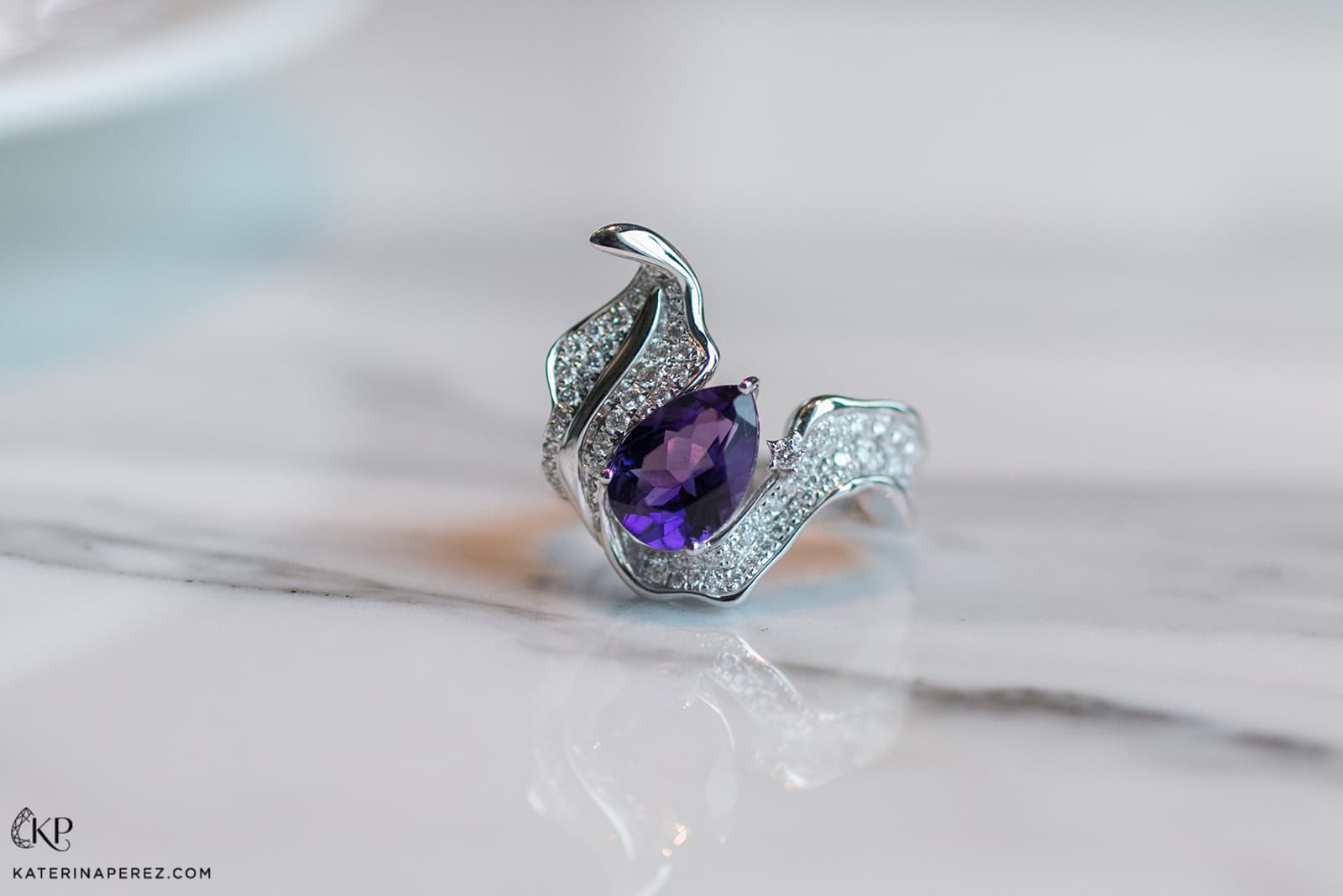 Simone Jewels x Katerina Perez jewellery collaboration ring with amethyst and diamonds in recycled white gold