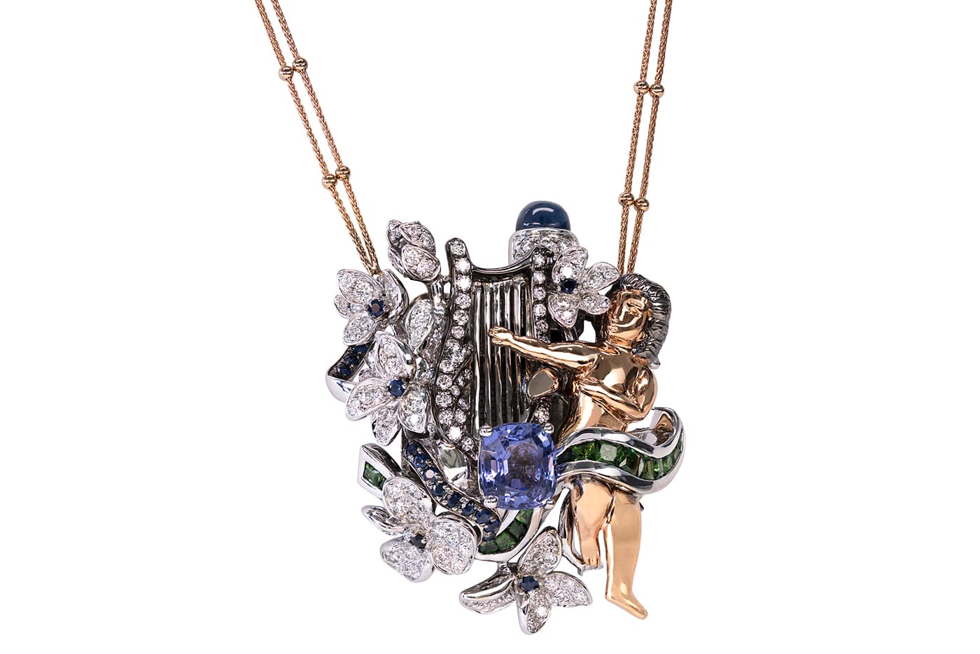  Simone Jewels 'Da Capo' pendant with musical mechanism and blue spinel, diamonds, rubies and emeralds in white and pink gold
