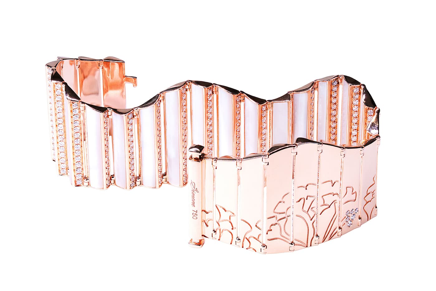 Simone Jewels 'Bombshell' collection bracelet with diamonds and mother of pearl in rose gold