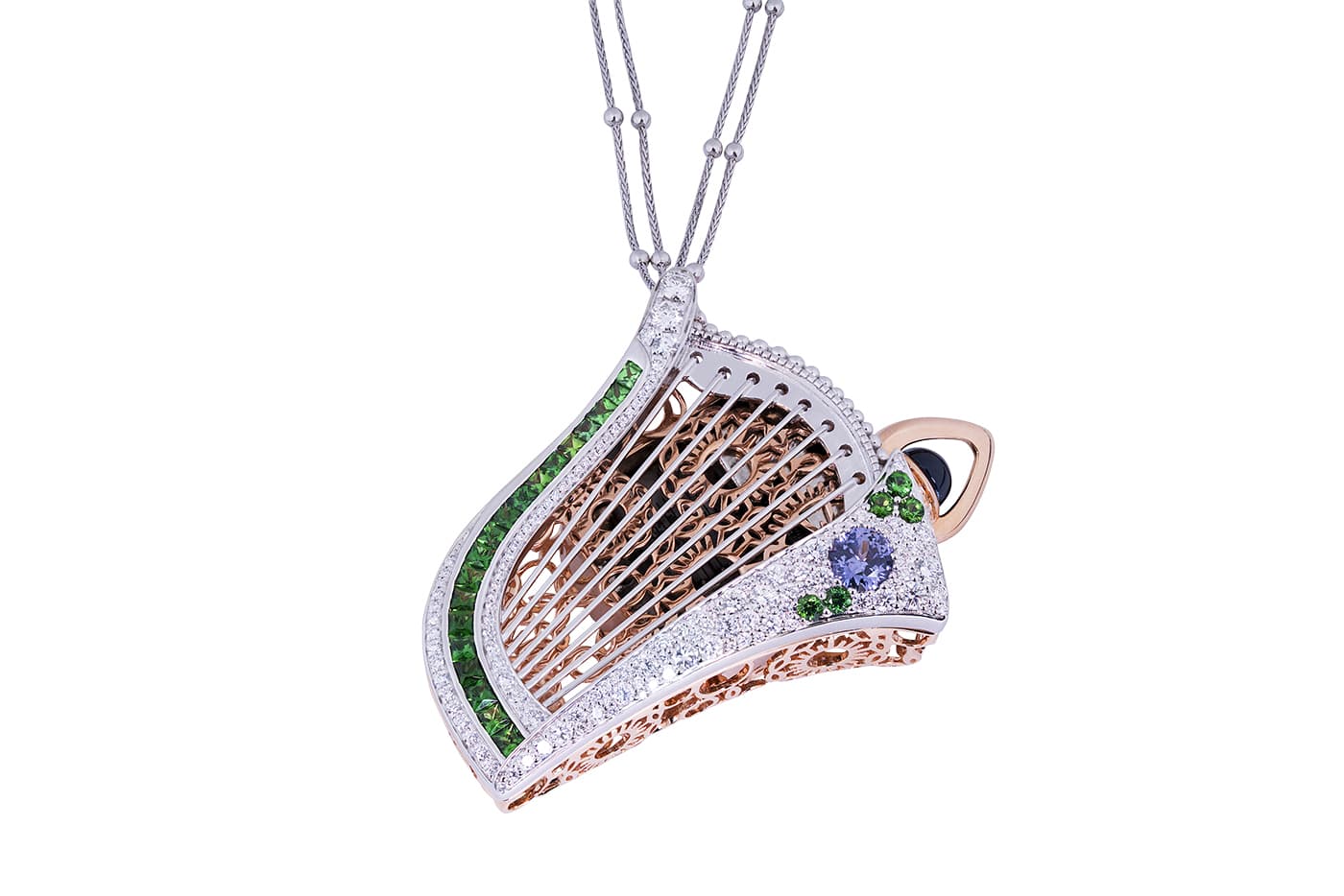  Simone Jewels 'Da Capo' pendant with musical mechanism and blue spinel, diamonds, rubies and emeralds in white and pink gold
