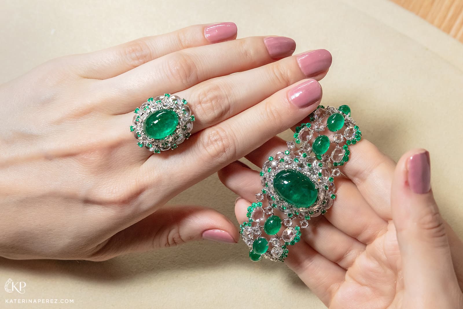 Novel Fine Jewelry cocktail ring and bracelet with Zambian emerald cabochons, emeralds and rose cut diamonds in white gold