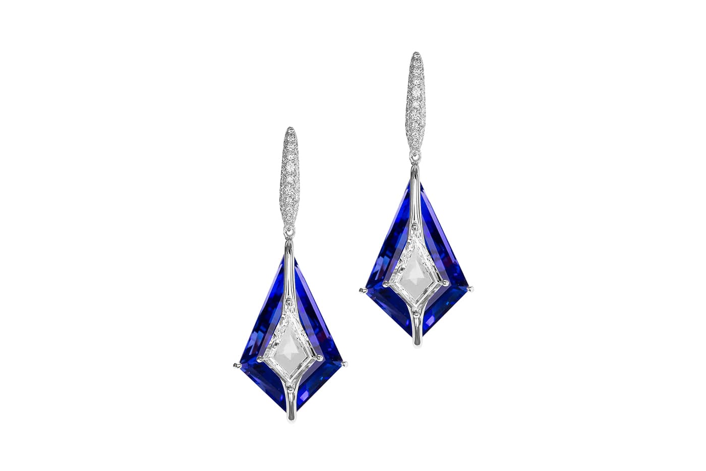  Boghossian 'Kissing' collection earrings with kite cut diamonds, tanzanite and accenting diamonds in white gold