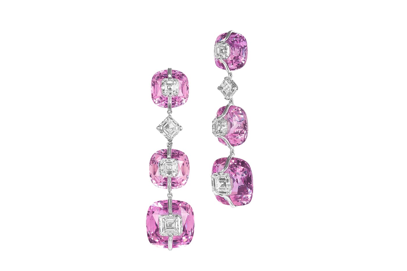  Boghossian 'Kissing' collection earrings with square cut diamonds and cushion cut pink sapphires in white gold