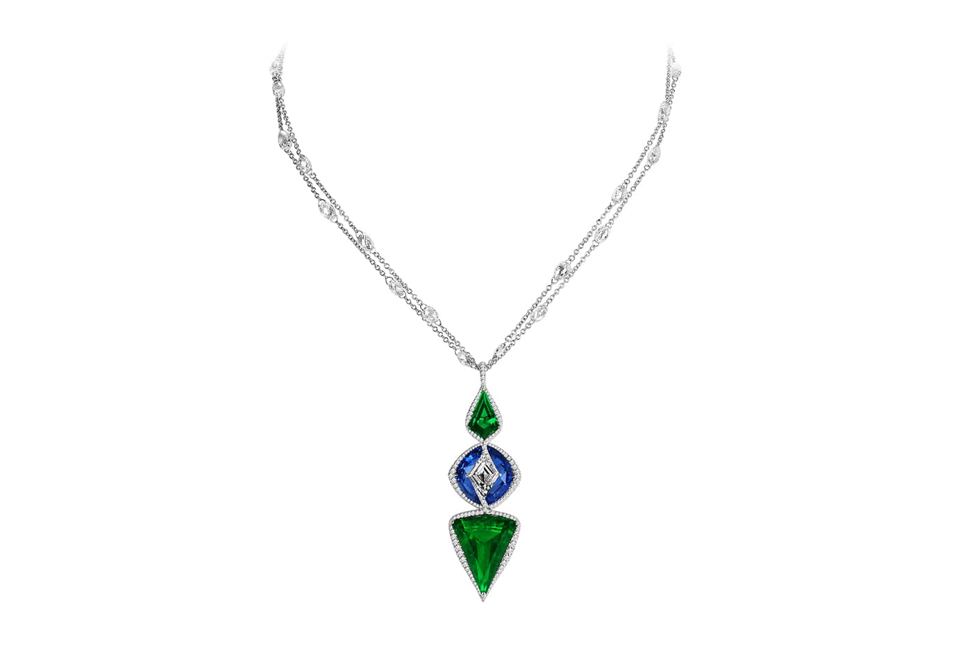 Boghossian 'Kissing' collection necklace with kite cut diamond, sapphire, emeralds and accenting diamonds in white gold 