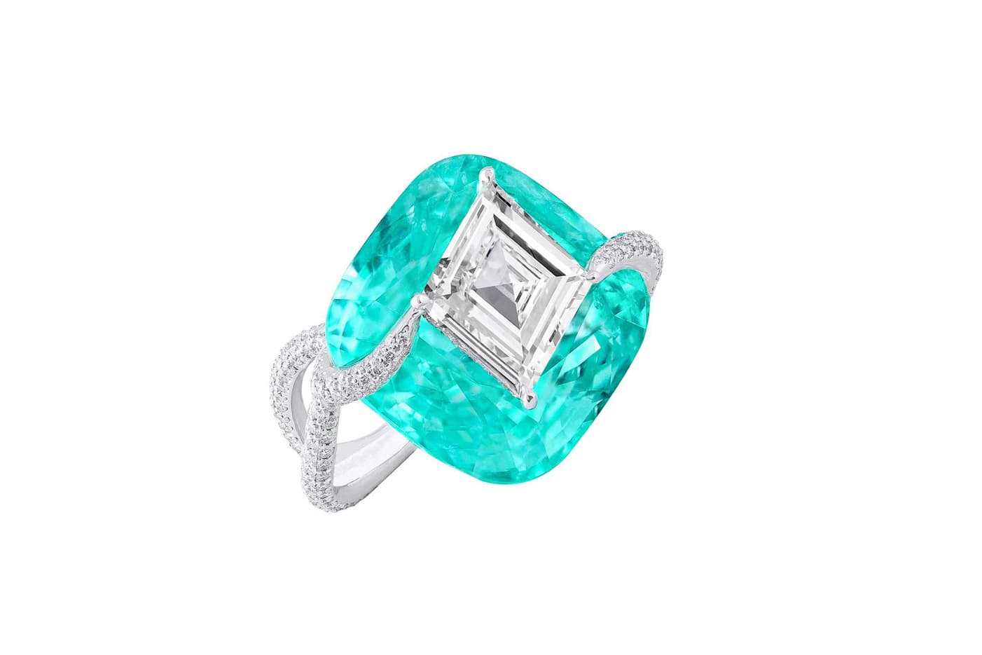  Boghossian 'Kissing' collection ring with kite cut diamond, cushion cut Paraiba tourmaline and accenting diamonds in white gold