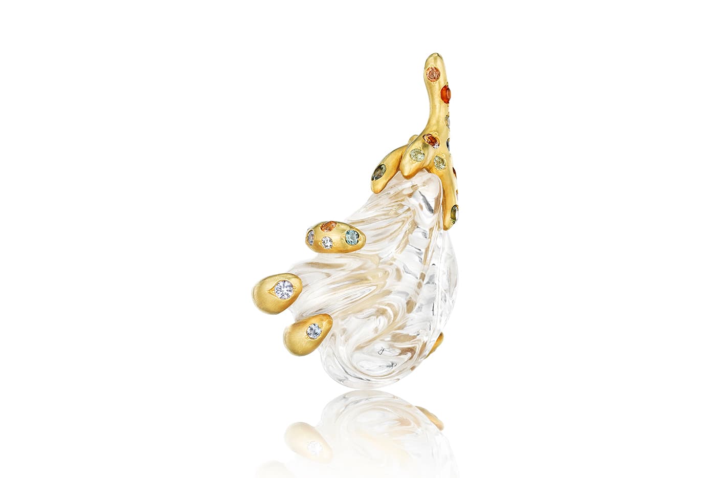 Naomi Sarna Topaz Leaf brooch with white topaz, multicoloured diamonds and sapphires