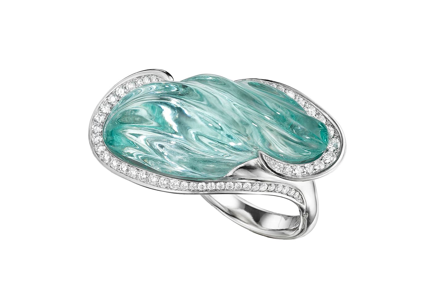 Naomi Sarna carved topaz and diamond ring in palladium