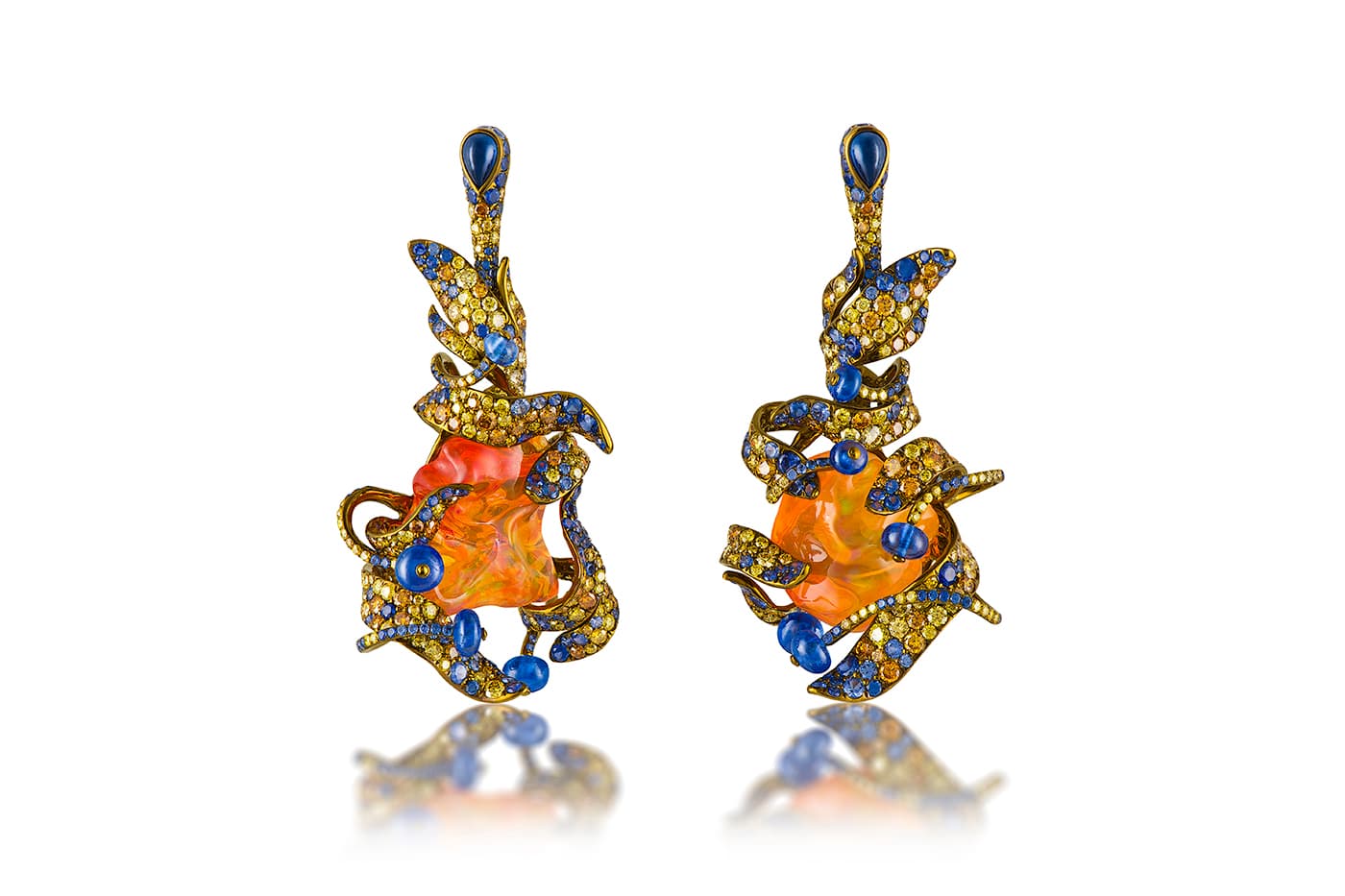  Neha Dani 'Shristi' collection 'Arunima' earrings with fire opal, sapphires, yellow and orange diamonds in titanium