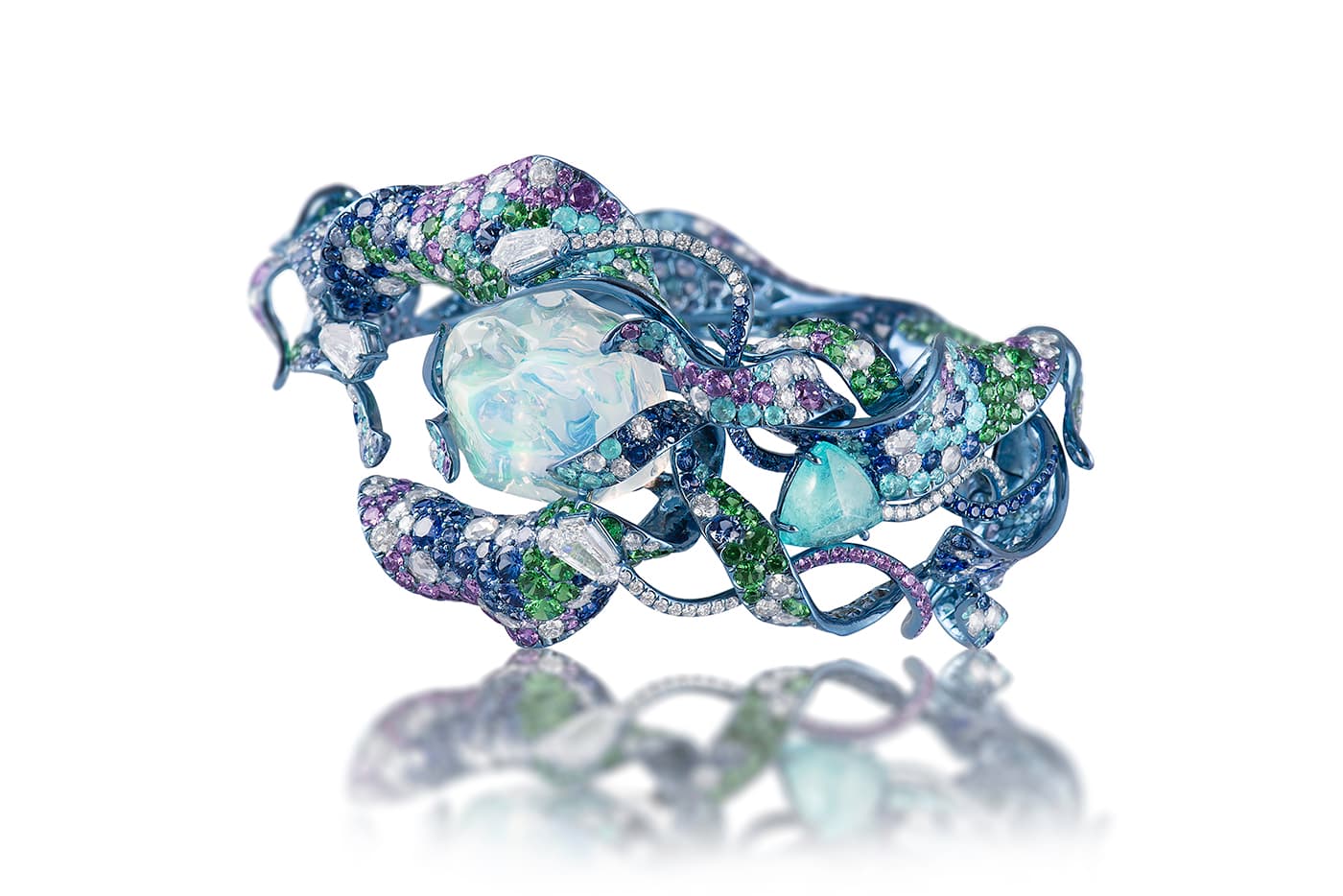 Neha Dani 'Shristi' collection 'Vruta' cuff with water opals, diamonds, Paraiba tourmaline, sapphires, and tsavorite garnets in titanium 