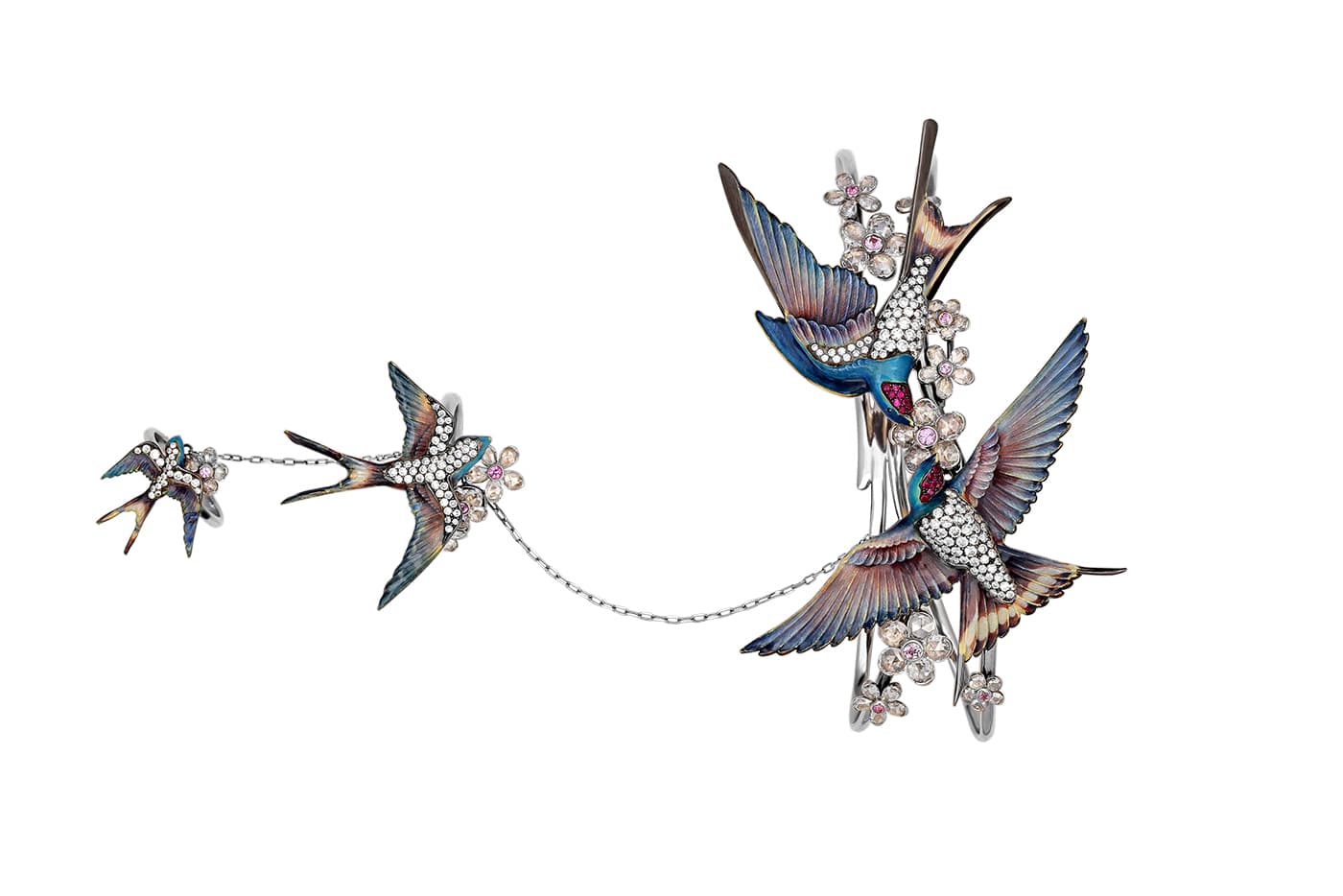 Liza Borzaya hand jewellery  with pink sapphires and diamonds in enamel and white gold