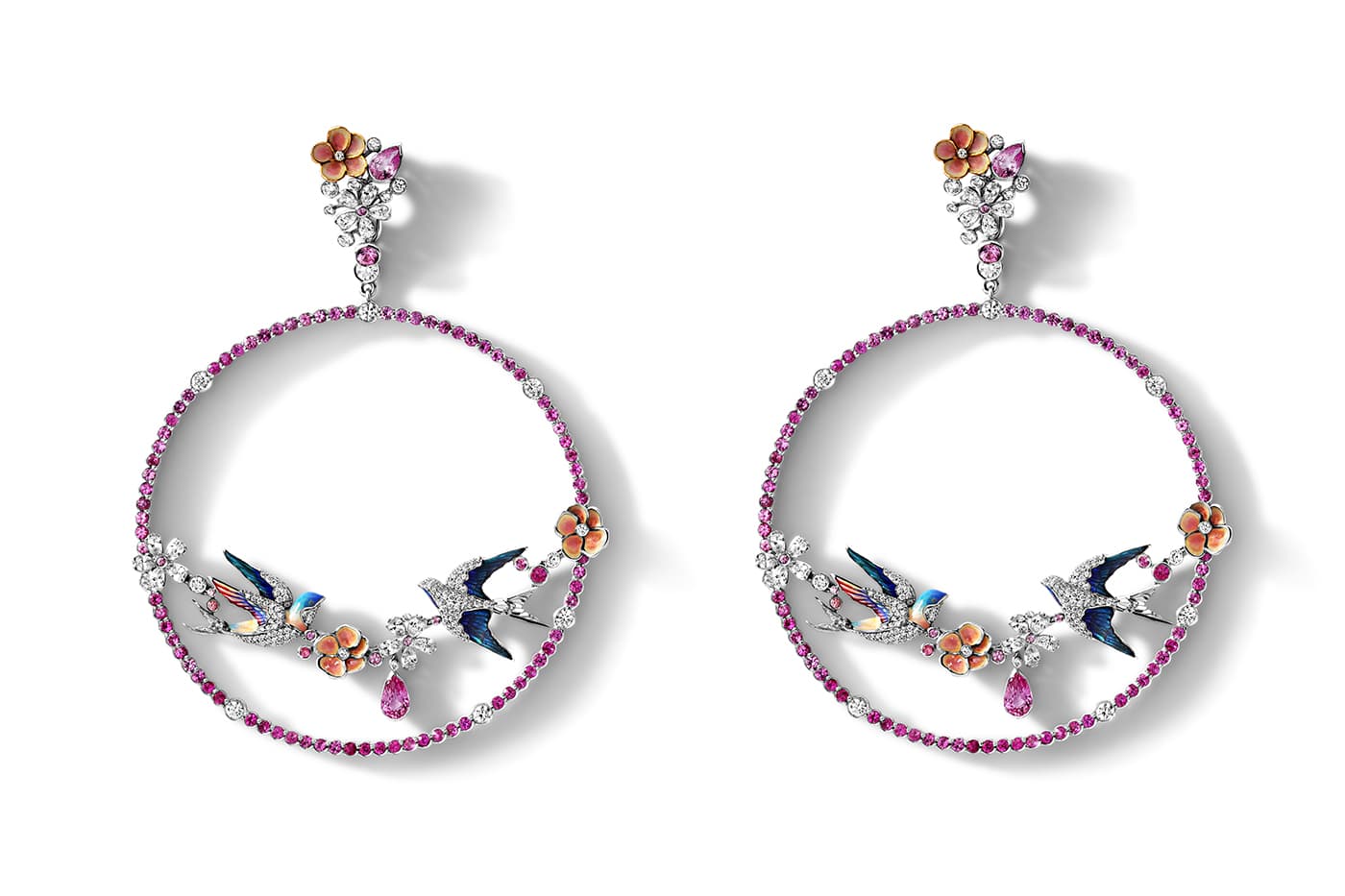  Liza Borzaya earrings with pink sapphires and diamonds in enamel and white gold